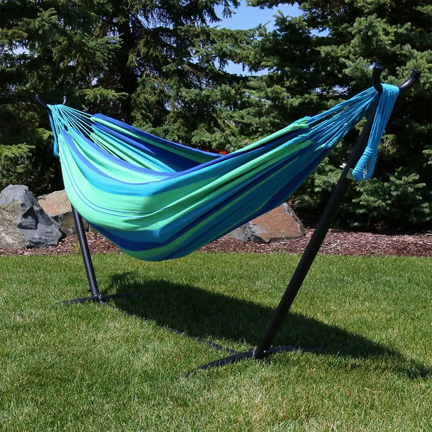 Sunnydaze Double Brazilian Hammock with Stand and Carrying Case - 400-Pound Capacity - Black Stand - Beach Oasis