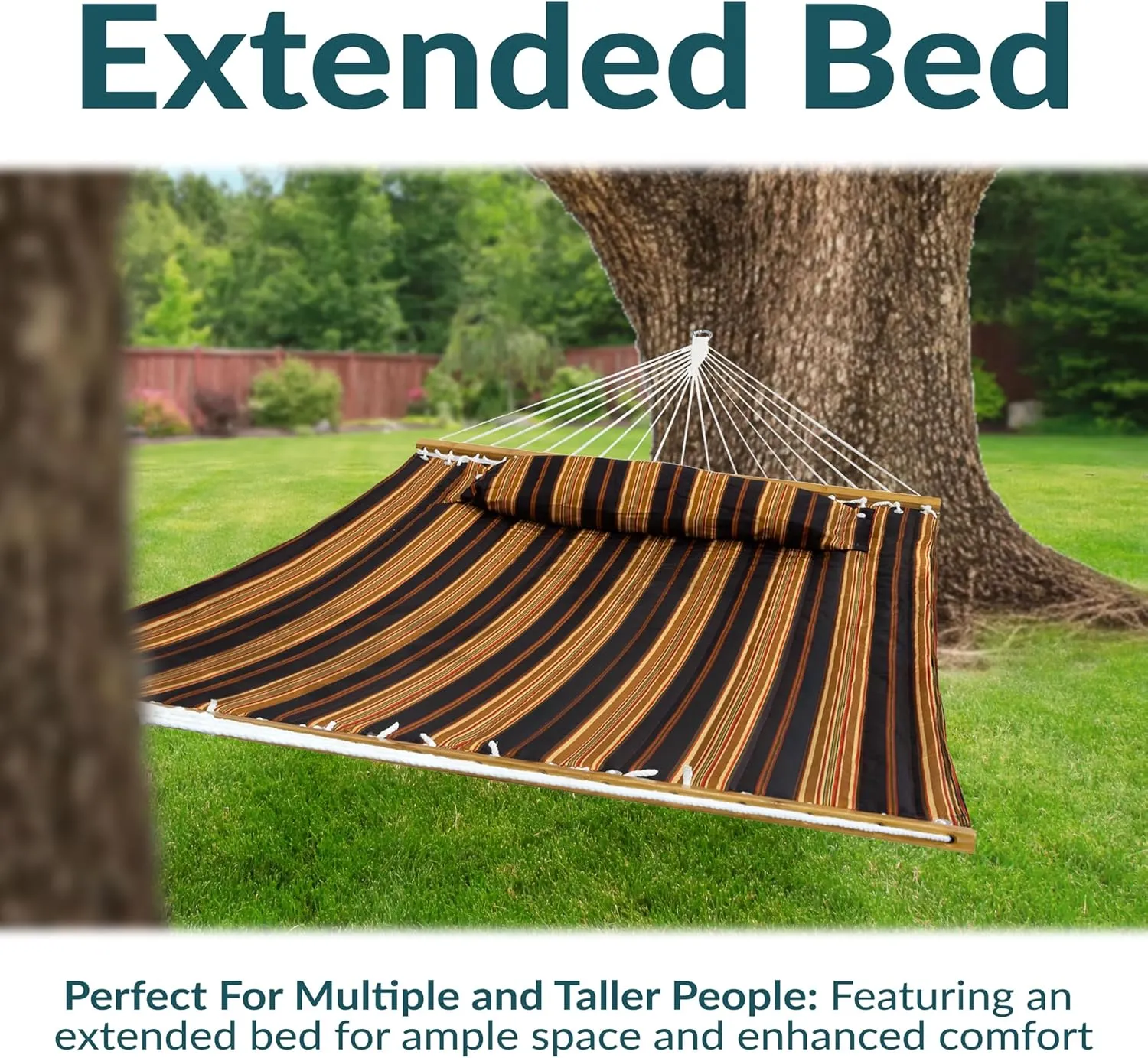 Sunnydaze Extra Large Quilted Hammock with Spreader Bars - 2-Person Hammock for Outside - Woodland Stripe