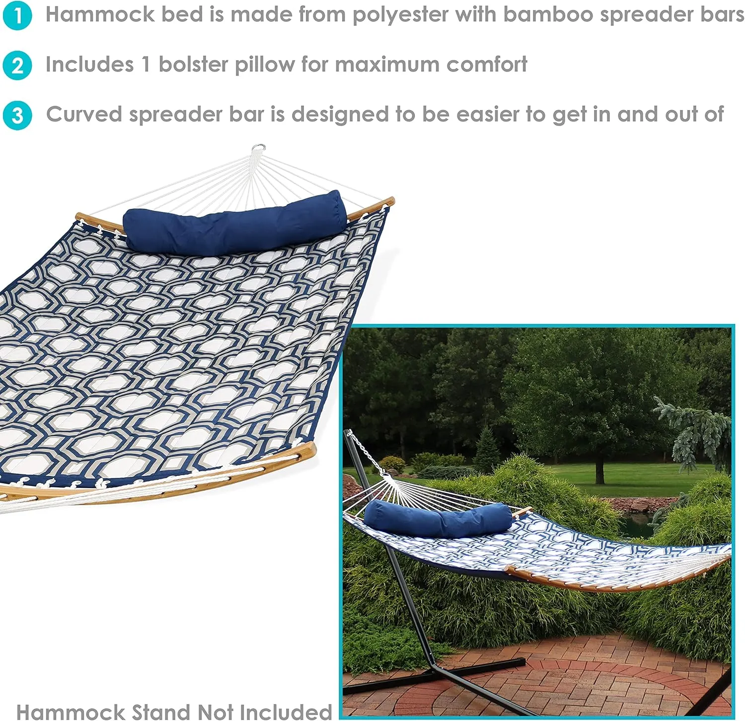 Sunnydaze Outdoor Hammock with Spreader Bar - 450-Pound Capacity Curved Spreader Bar Hammock - Navy and Gray Octagon