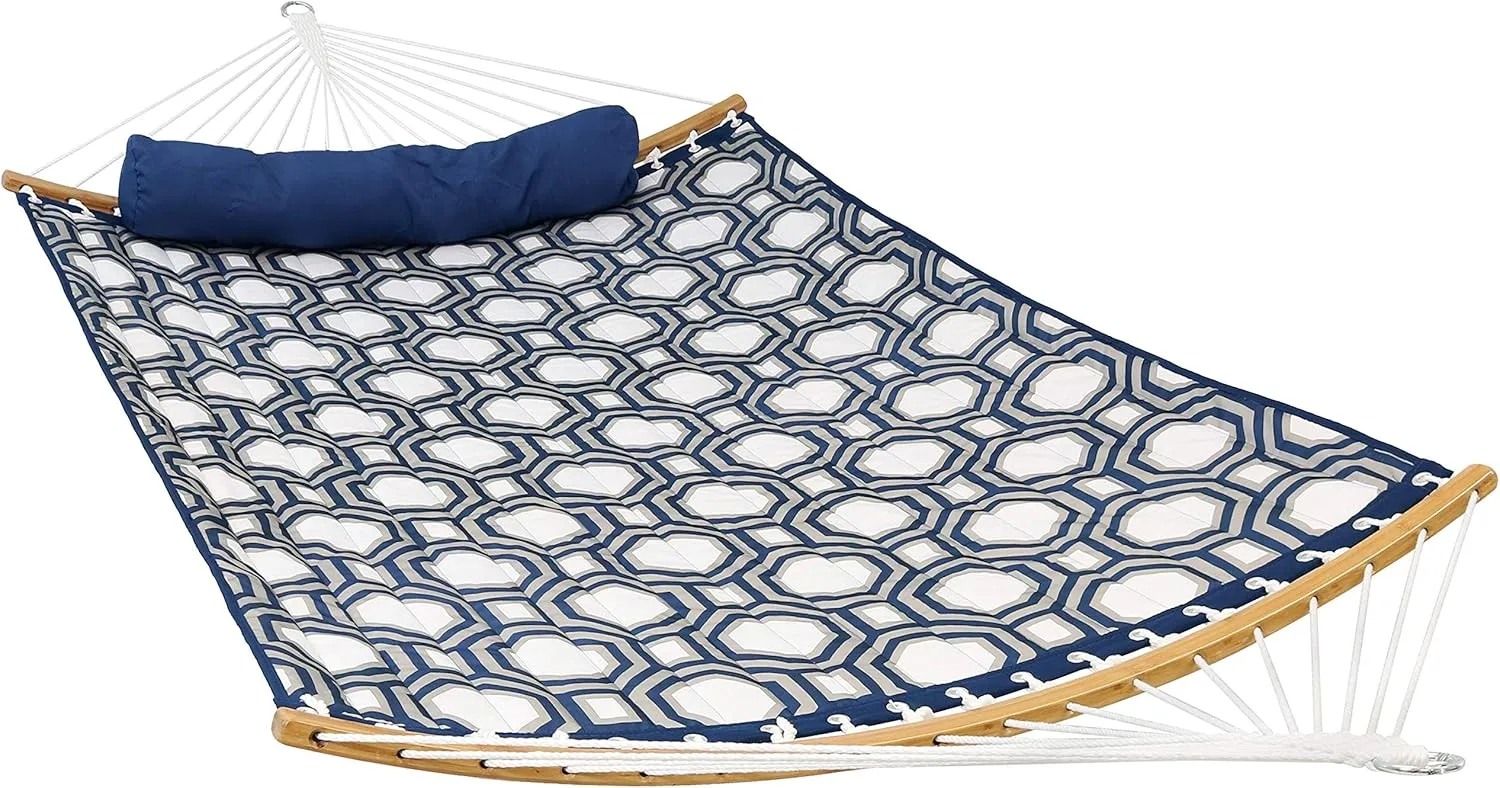 Sunnydaze Outdoor Hammock with Spreader Bar - 450-Pound Capacity Curved Spreader Bar Hammock - Navy and Gray Octagon