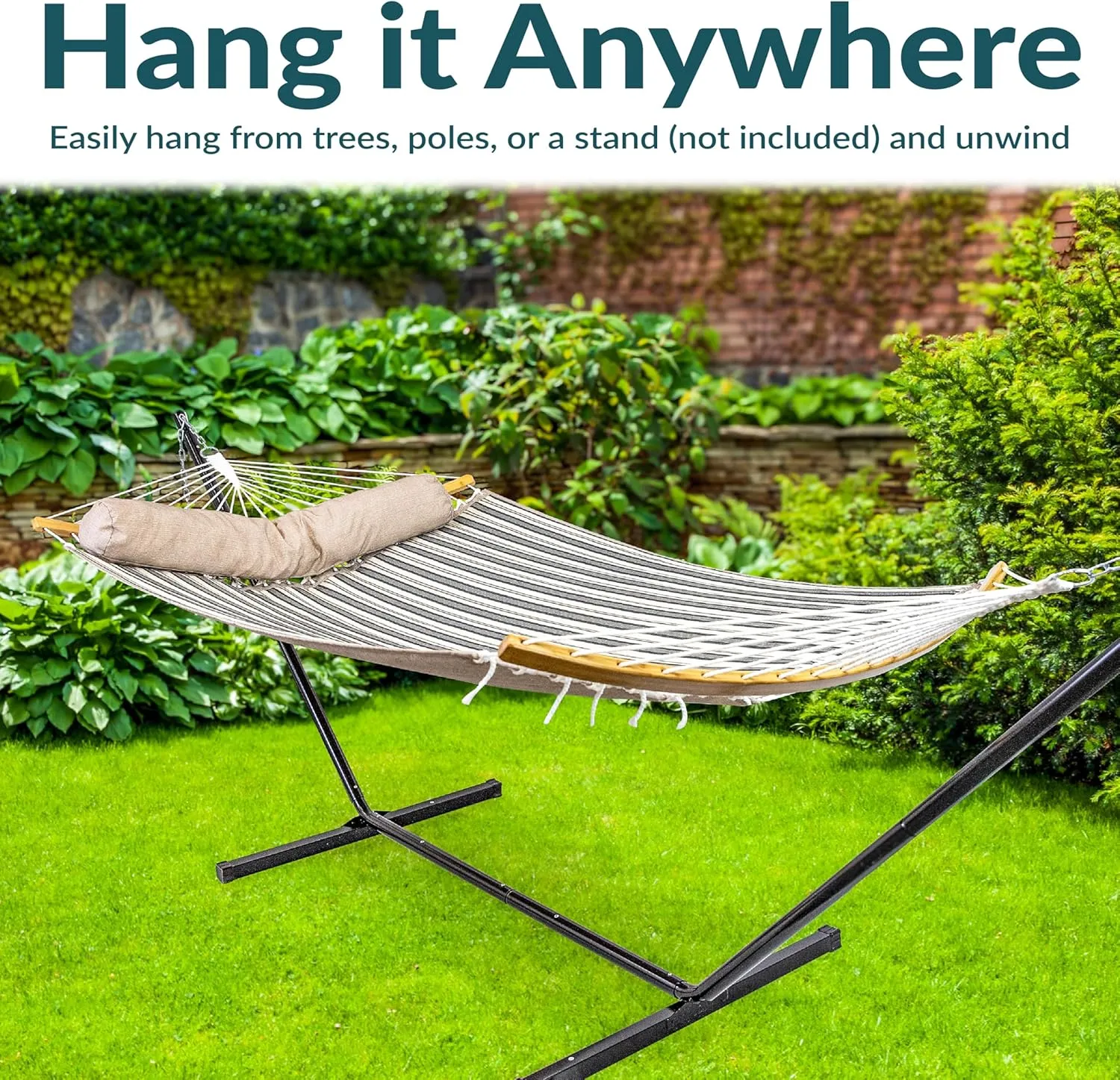 Sunnydaze Outdoor Hammock with Spreader Bar - 450-Pound Capacity Curved Spreader Bar Hammock - Neutral Stripe