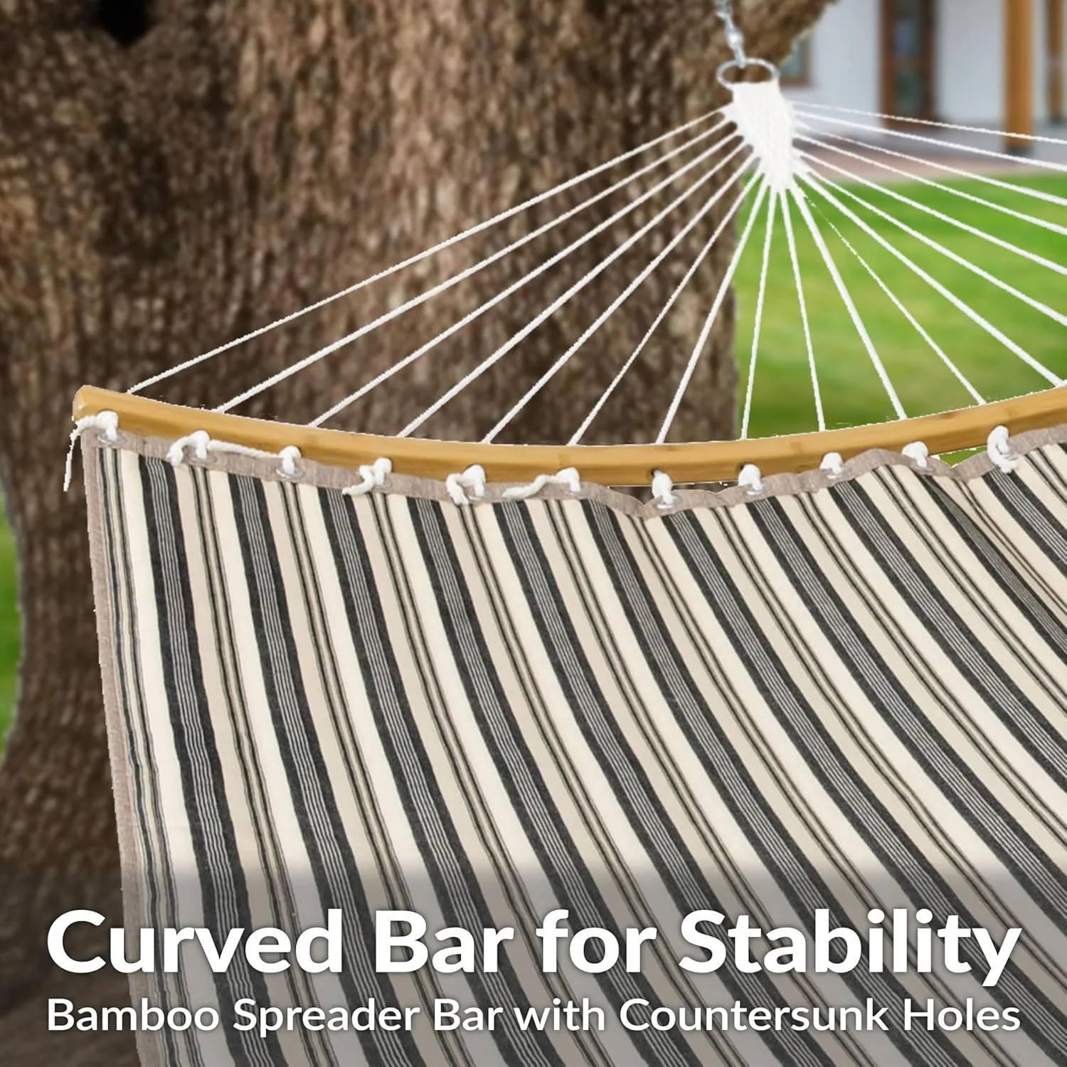 Sunnydaze Outdoor Hammock with Spreader Bar - 450-Pound Capacity Curved Spreader Bar Hammock - Neutral Stripe