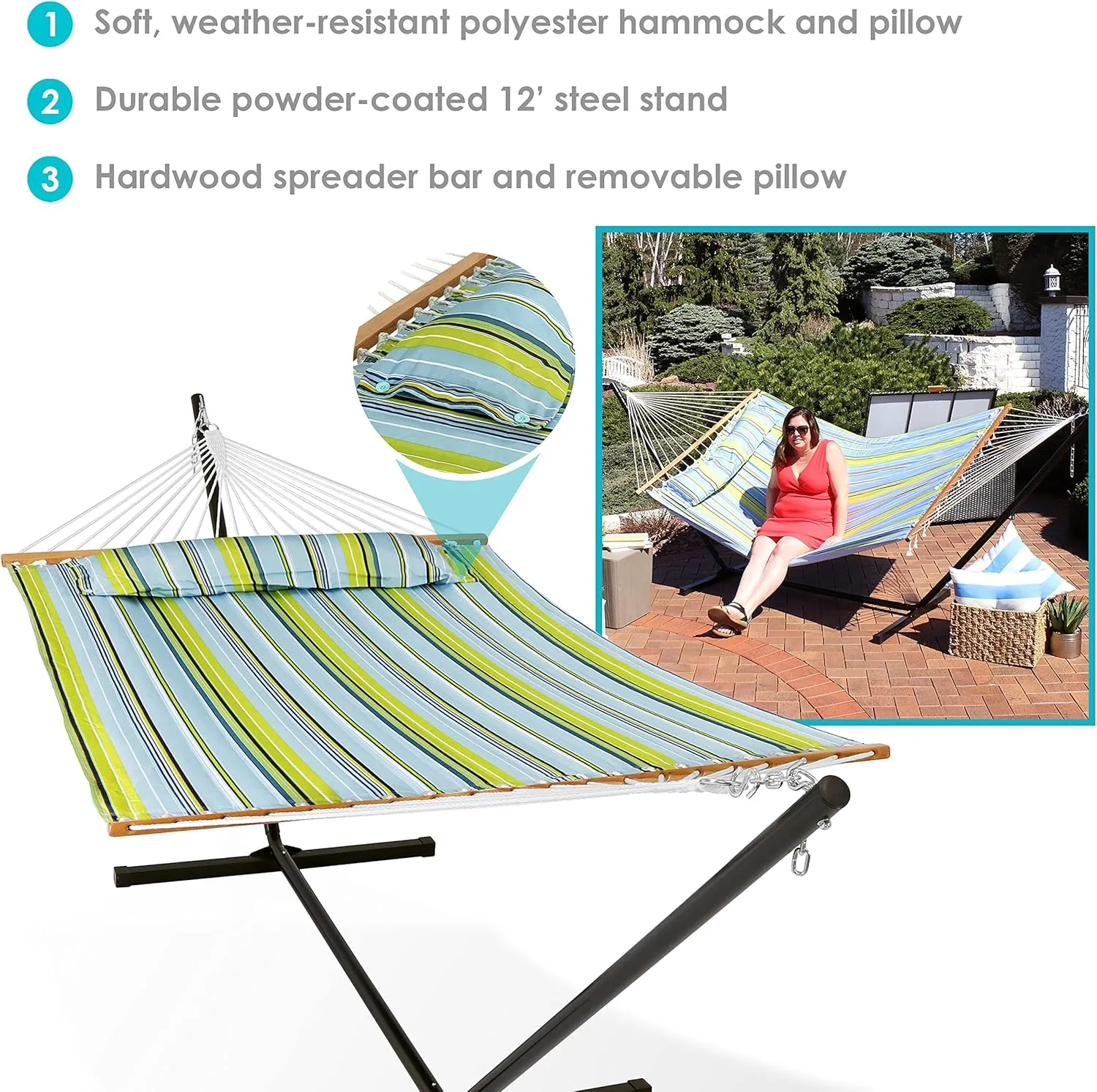 Sunnydaze Quilted Double Hammock with Stand for Outside - 350-Pound Capacity 2-Person Hammock with Stand - 12-Foot Stand - Blue and Green