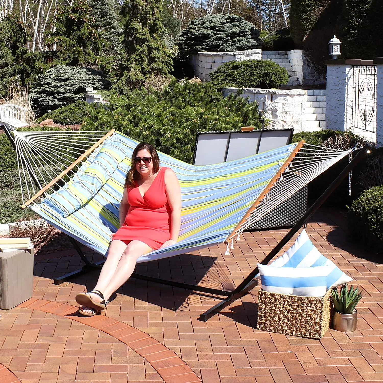 Sunnydaze Quilted Double Hammock with Stand for Outside - 350-Pound Capacity 2-Person Hammock with Stand - 12-Foot Stand - Blue and Green
