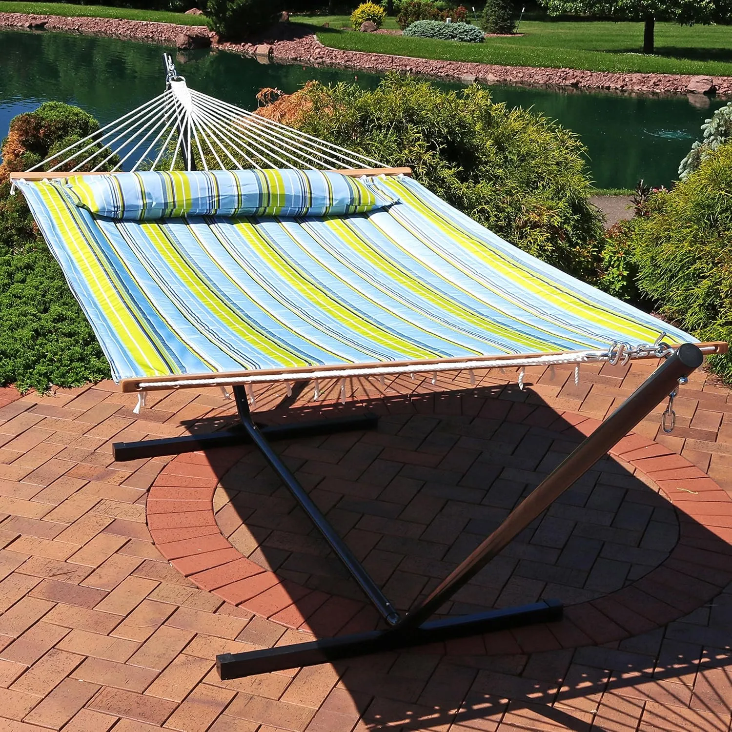 Sunnydaze Quilted Double Hammock with Stand for Outside - 350-Pound Capacity 2-Person Hammock with Stand - 12-Foot Stand - Blue and Green