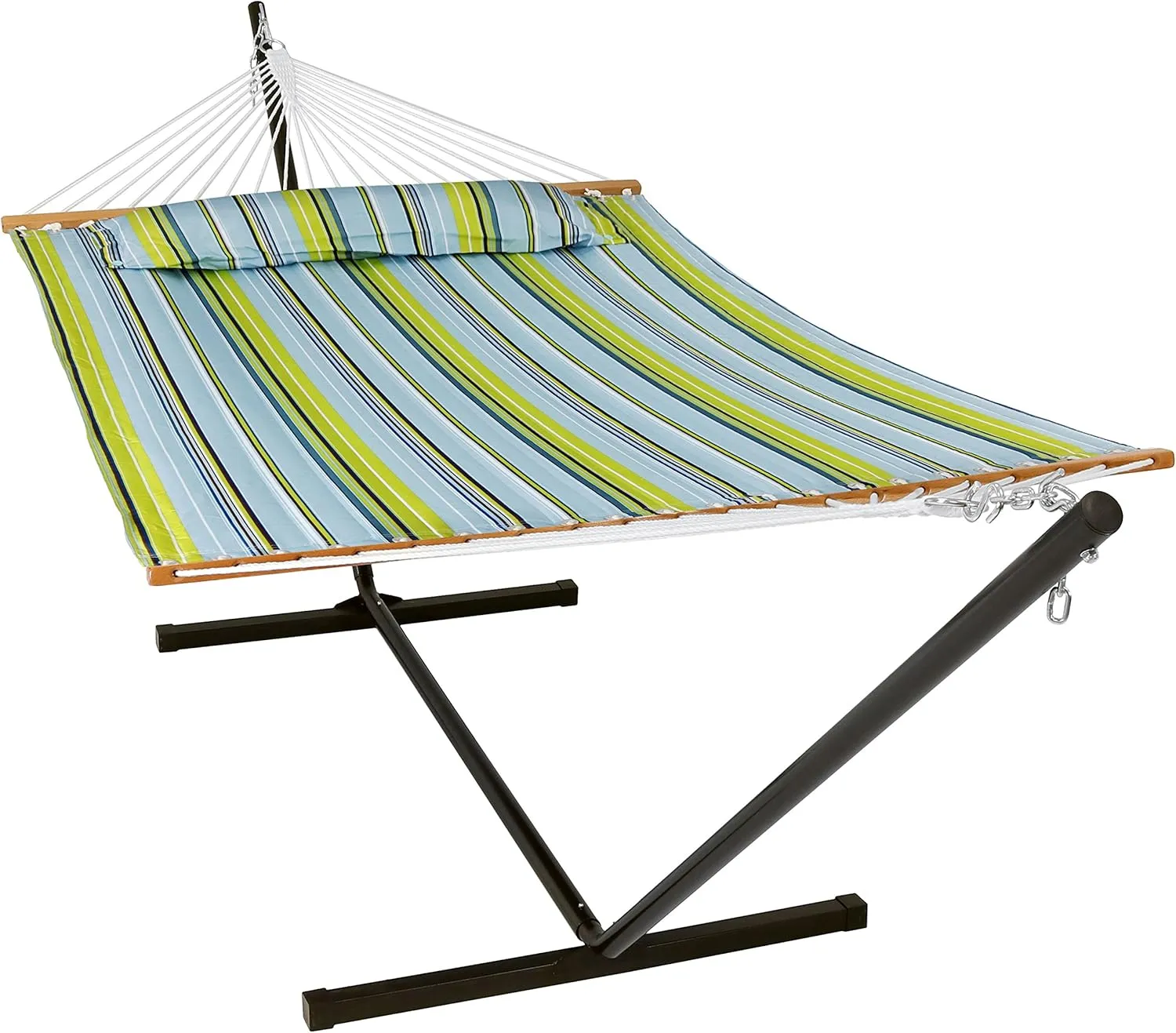 Sunnydaze Quilted Double Hammock with Stand for Outside - 350-Pound Capacity 2-Person Hammock with Stand - 12-Foot Stand - Blue and Green