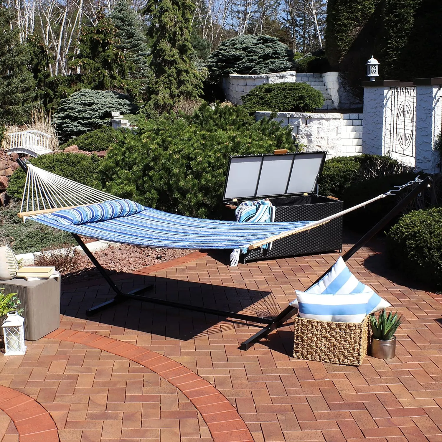 Sunnydaze Quilted Double Hammock with Stand for Outside - 350-Pound Capacity 2-Person Hammock with Stand - 12-Foot Stand - Catalina Beach