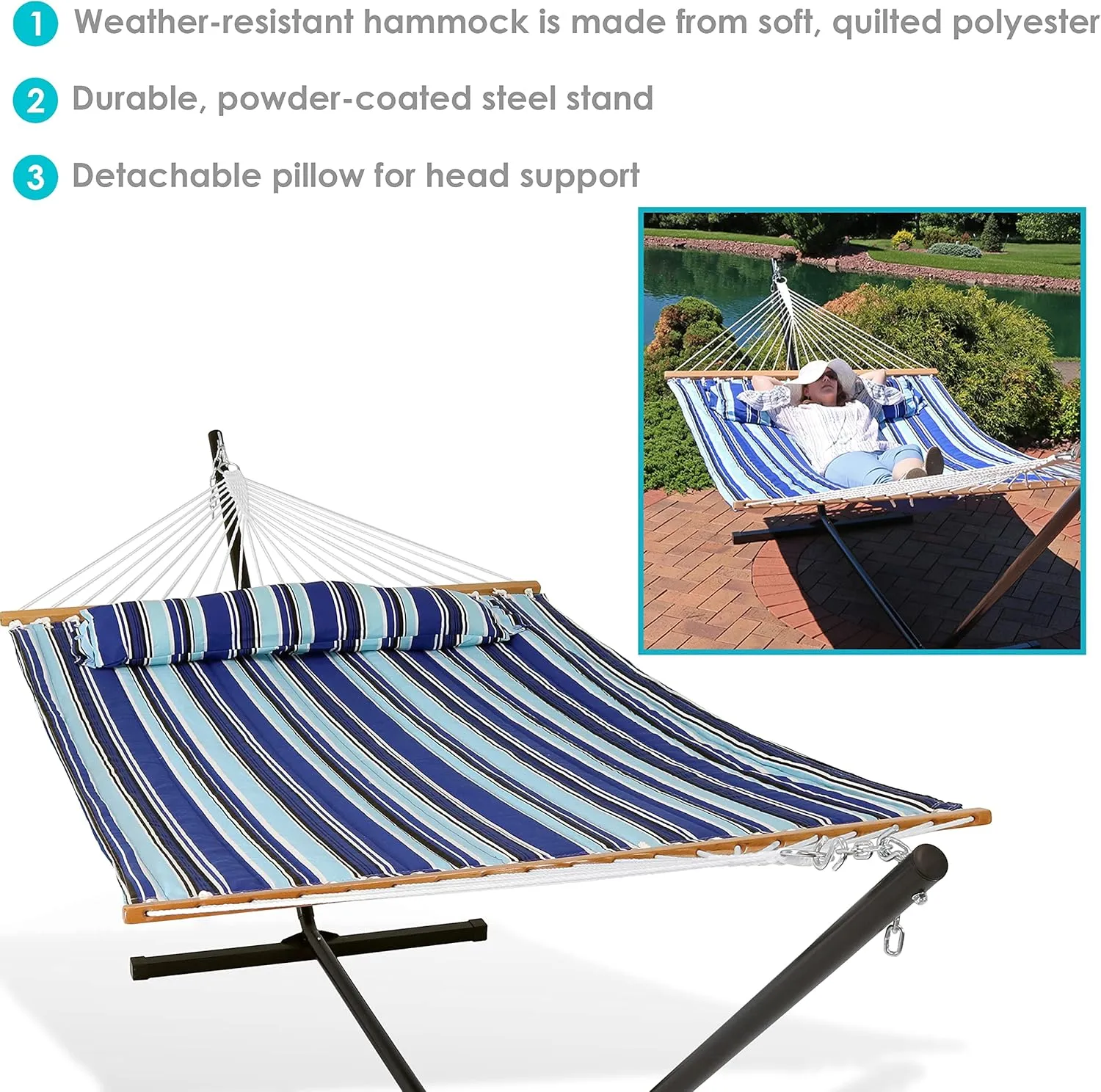 Sunnydaze Quilted Double Hammock with Stand for Outside - 350-Pound Capacity 2-Person Hammock with Stand - 12-Foot Stand - Catalina Beach