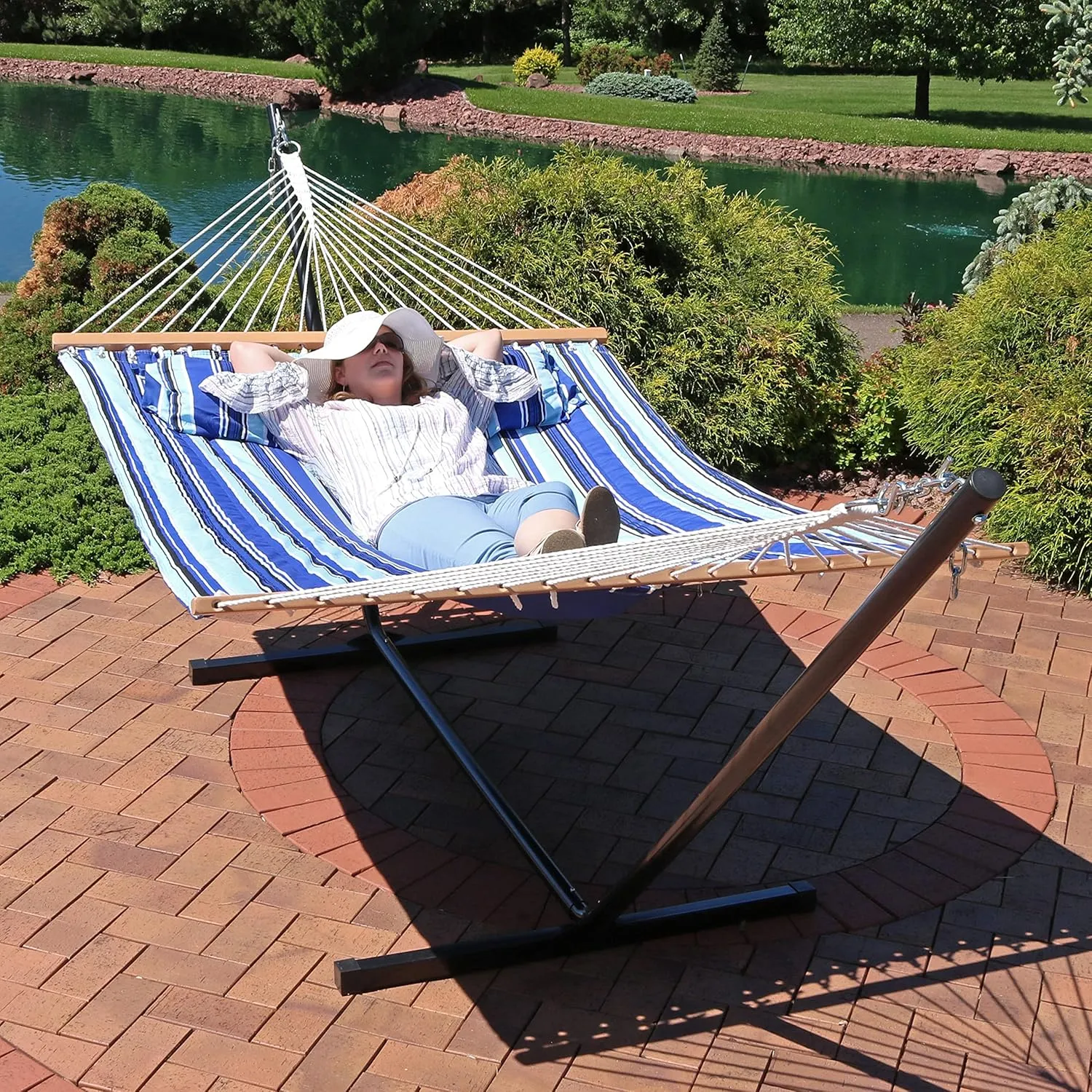 Sunnydaze Quilted Double Hammock with Stand for Outside - 350-Pound Capacity 2-Person Hammock with Stand - 12-Foot Stand - Catalina Beach