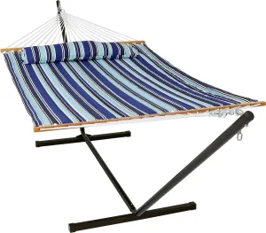 Sunnydaze Quilted Double Hammock with Stand for Outside - 350-Pound Capacity 2-Person Hammock with Stand - 12-Foot Stand - Catalina Beach