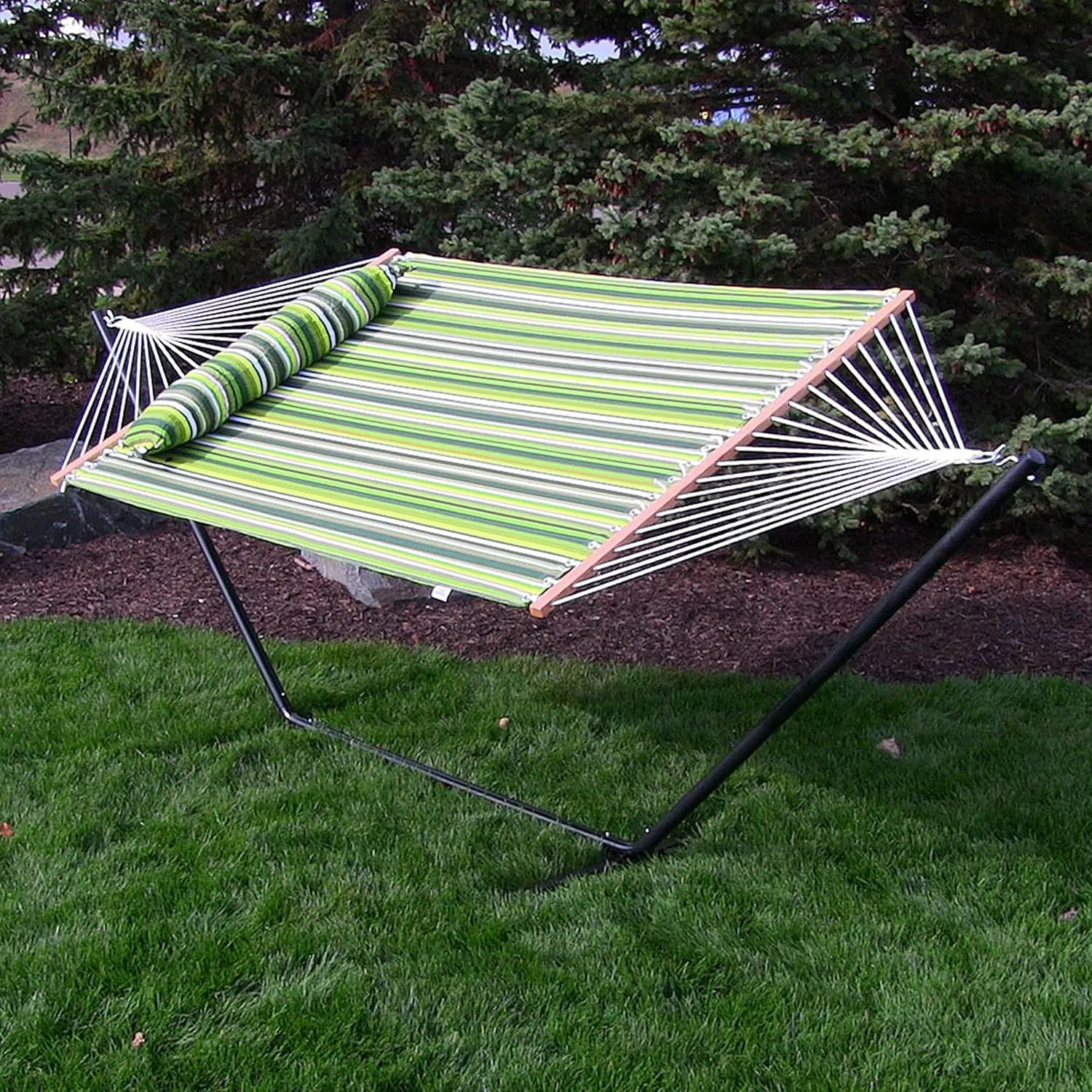 Sunnydaze Quilted Double Hammock with Stand for Outside - 350-Pound Capacity 2-Person Hammock with Stand - 12-Foot Stand - Melon Stripe