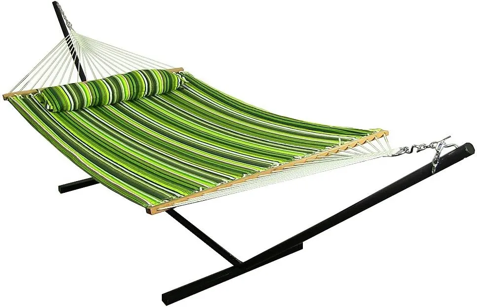 Sunnydaze Quilted Double Hammock with Stand for Outside - 350-Pound Capacity 2-Person Hammock with Stand - 12-Foot Stand - Melon Stripe