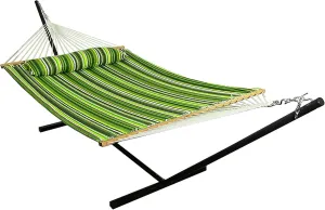 Sunnydaze Quilted Double Hammock with Stand for Outside - 350-Pound Capacity 2-Person Hammock with Stand - 12-Foot Stand - Melon Stripe