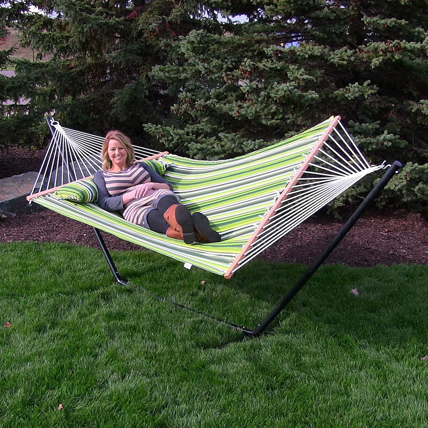 Sunnydaze Quilted Double Hammock with Stand for Outside - 350-Pound Capacity 2-Person Hammock with Stand - 12-Foot Stand - Melon Stripe