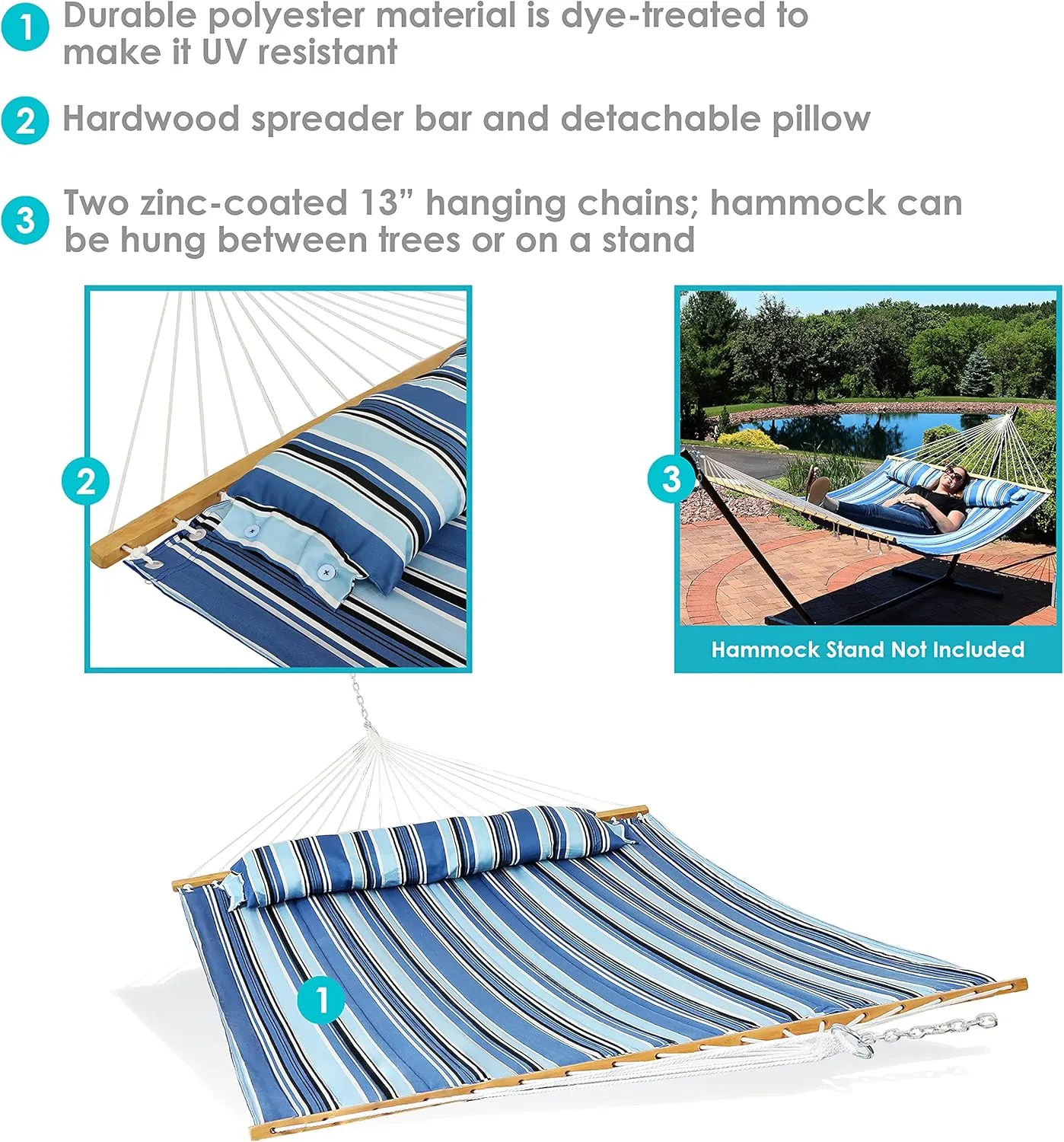 Sunnydaze Quilted Outdoor Hammock with Spreader Bars - Heavy-Duty 450-Pound Capacity Double Hammock for Outside - Misty Beach