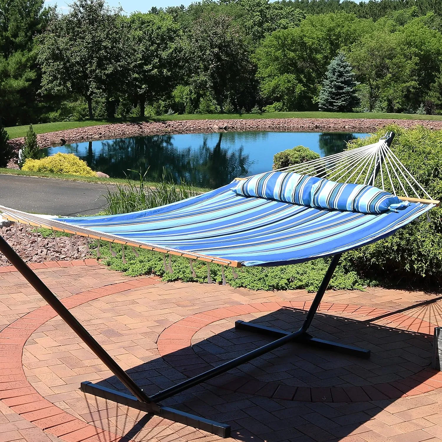 Sunnydaze Quilted Outdoor Hammock with Spreader Bars - Heavy-Duty 450-Pound Capacity Double Hammock for Outside - Misty Beach