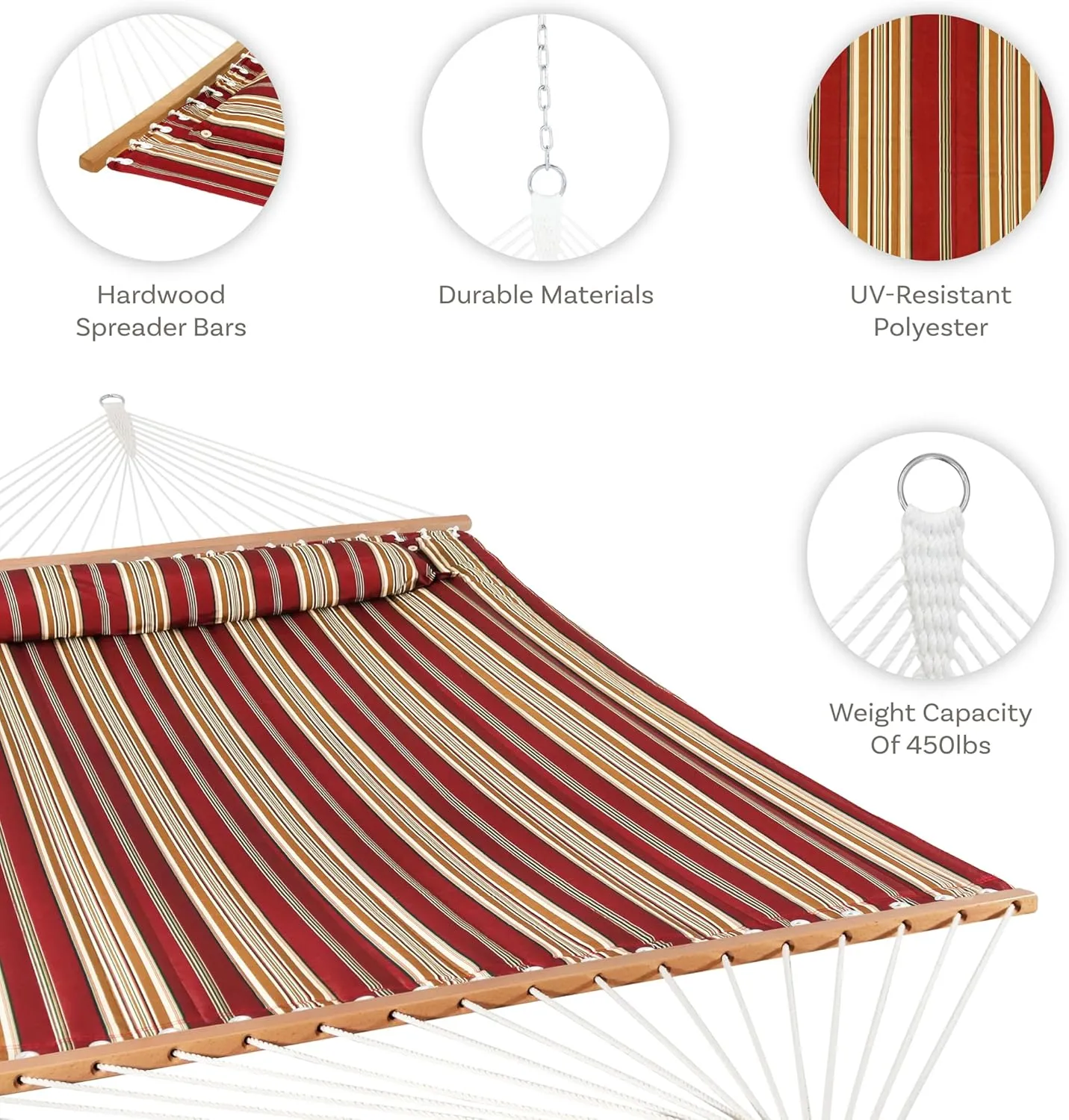 Sunnydaze Quilted Outdoor Hammock with Spreader Bars - Heavy-Duty 450-Pound Capacity Double Hammock for Outside - Red Stripe