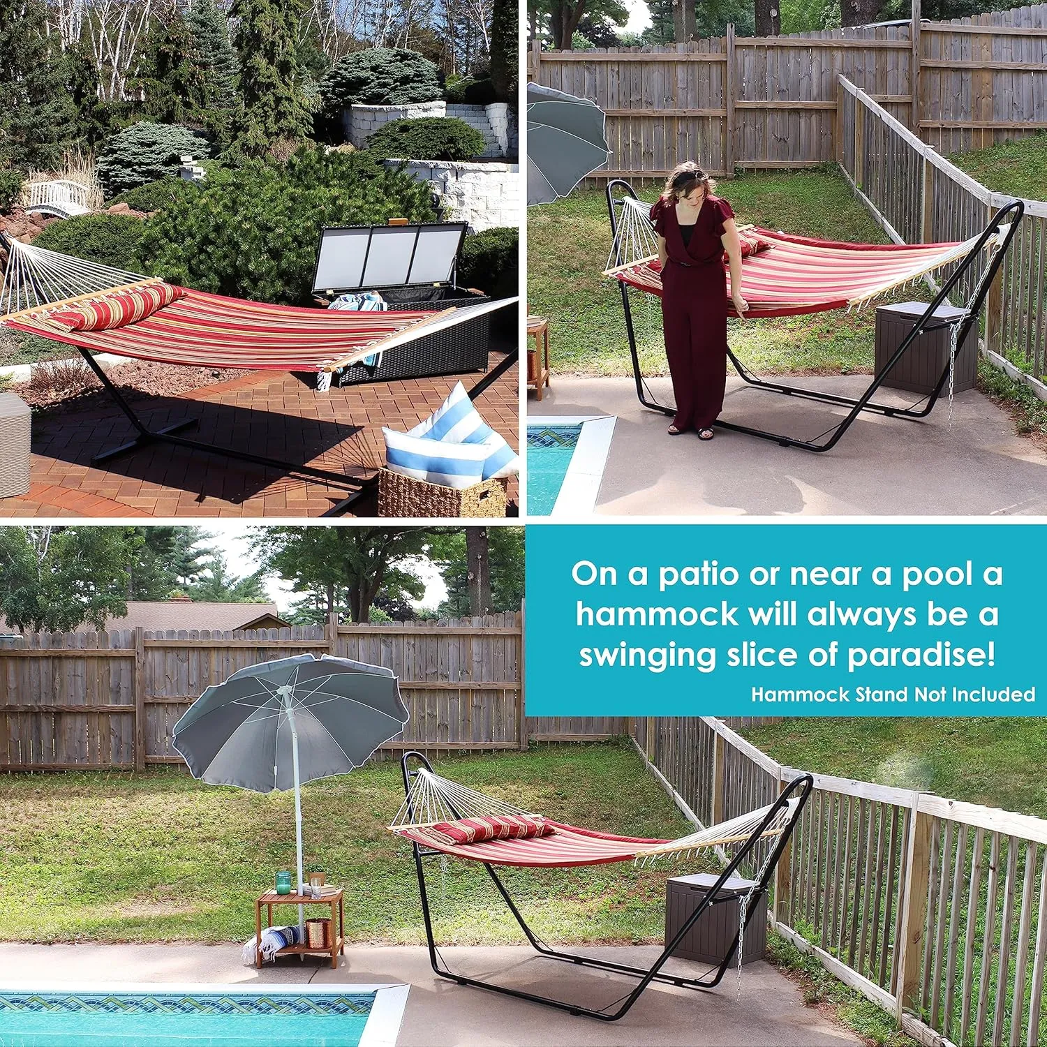 Sunnydaze Quilted Outdoor Hammock with Spreader Bars - Heavy-Duty 450-Pound Capacity Double Hammock for Outside - Red Stripe