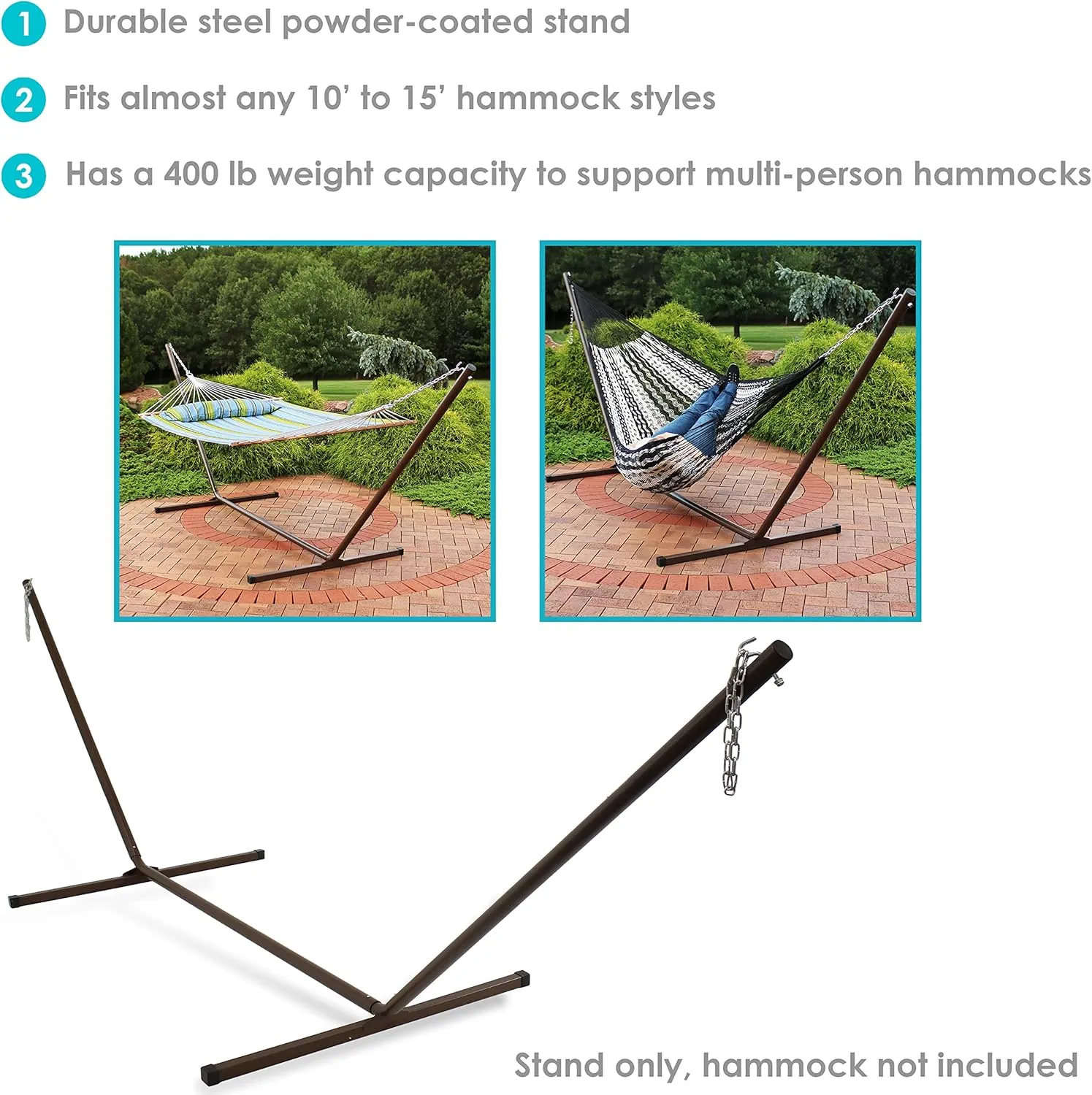 Sunnydaze Steel Hammock Stand for Outside - 400-Pound Capacity Indoor/Outdoor Hammock Stand Only - Bronze Powder-Coated Finish - 15-Foot