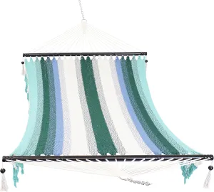 Sunnydaze Woven Double Hammock for Outside with Crocheted Edges and Spreader Bars - 600-Pound Weight Capacity Outdoor Hammock for Trees - Lagoon Stripes