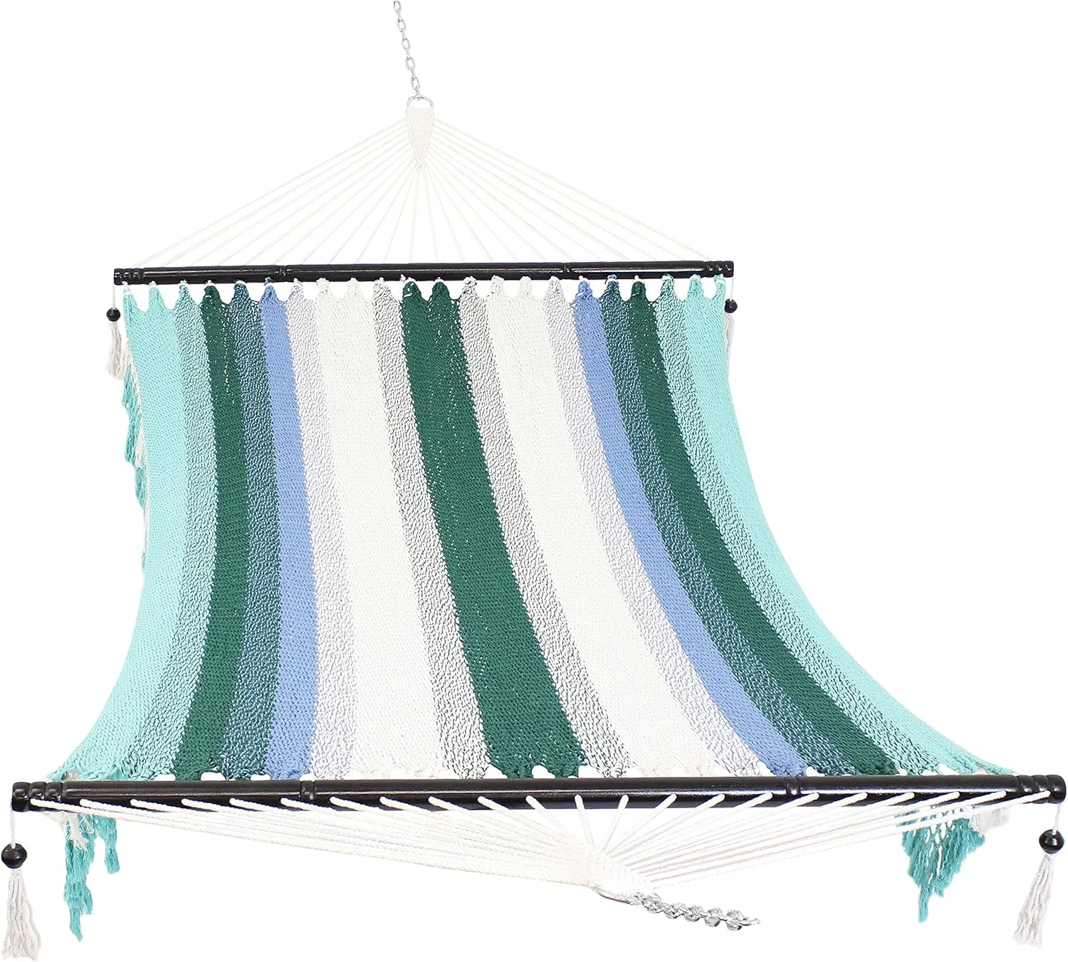 Sunnydaze Woven Double Hammock for Outside with Crocheted Edges and Spreader Bars - 600-Pound Weight Capacity Outdoor Hammock for Trees - Lagoon Stripes