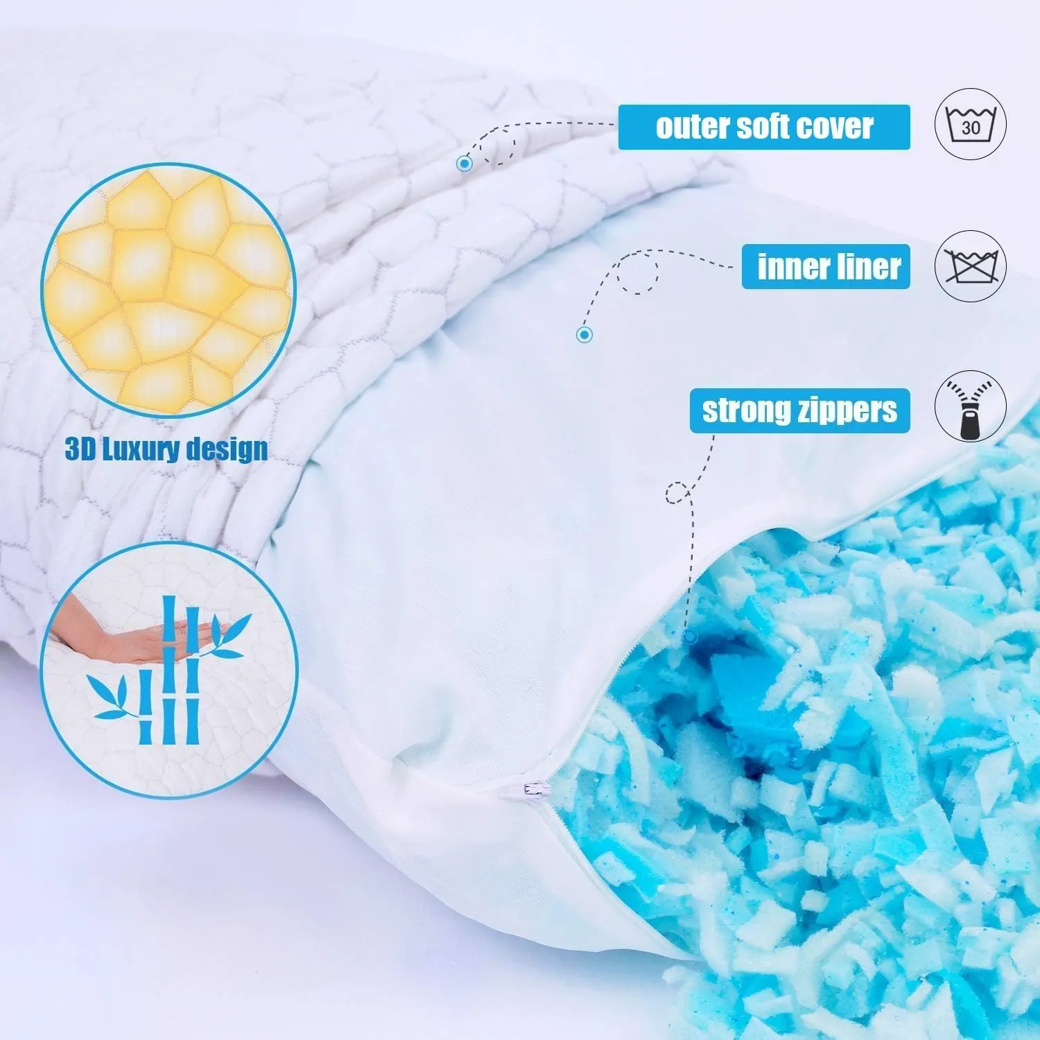 SUPA MODERN Cooling Bed Pillows for Sleeping 2 Pack Shredded Memory Foam Pillows Adjustable Pillow for Side Back Stomach Sleepers Luxury Gel Pillows Queen Size Set of 2 with Washable Removable Cover