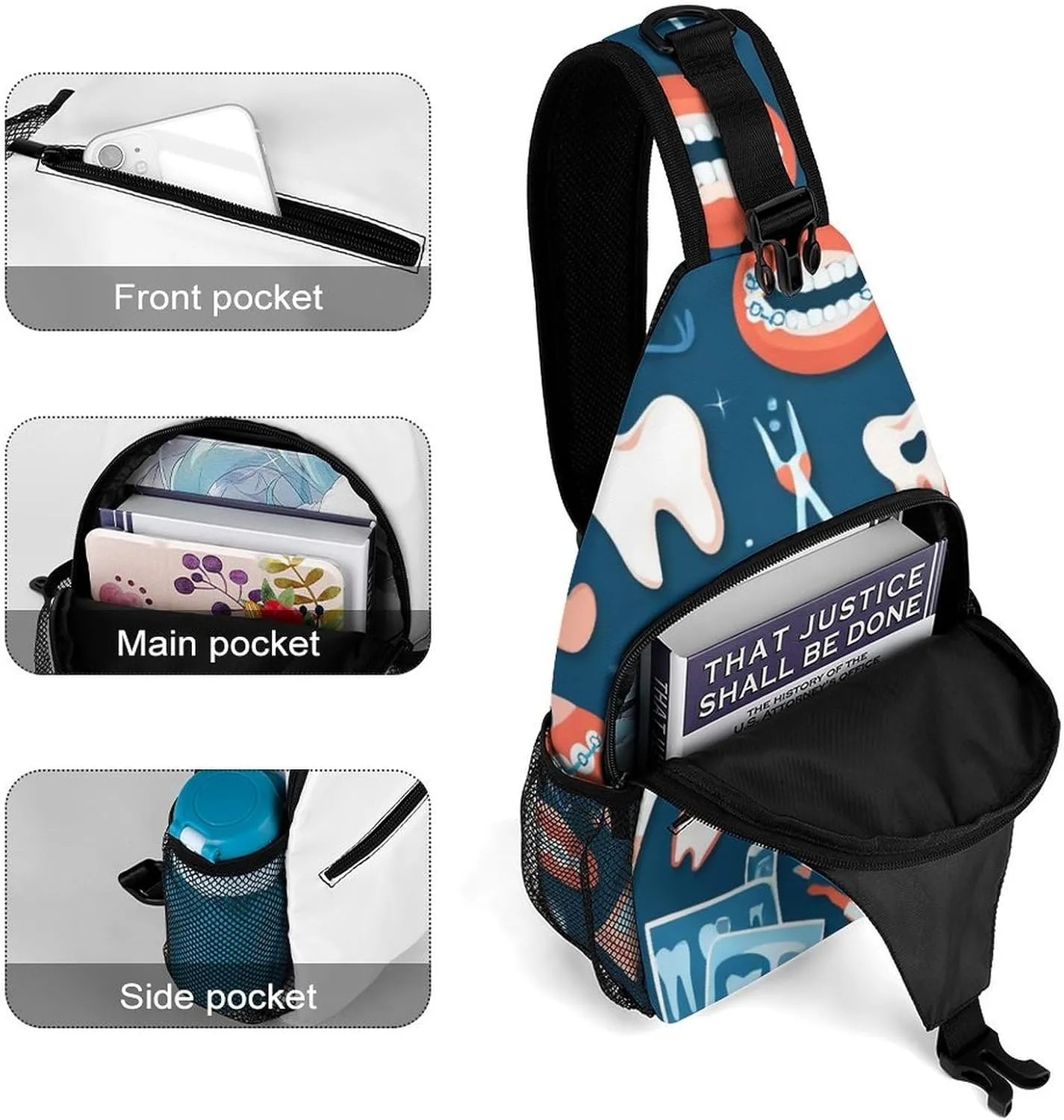 Supdreamc Men & Women Sling Backpack Gym Bags Sack Daypack Outdoor Backpack - Anti-Theft Multipurpose Bookbag, Handy Crossbody Chest Rucksack - Teeth Dental Art