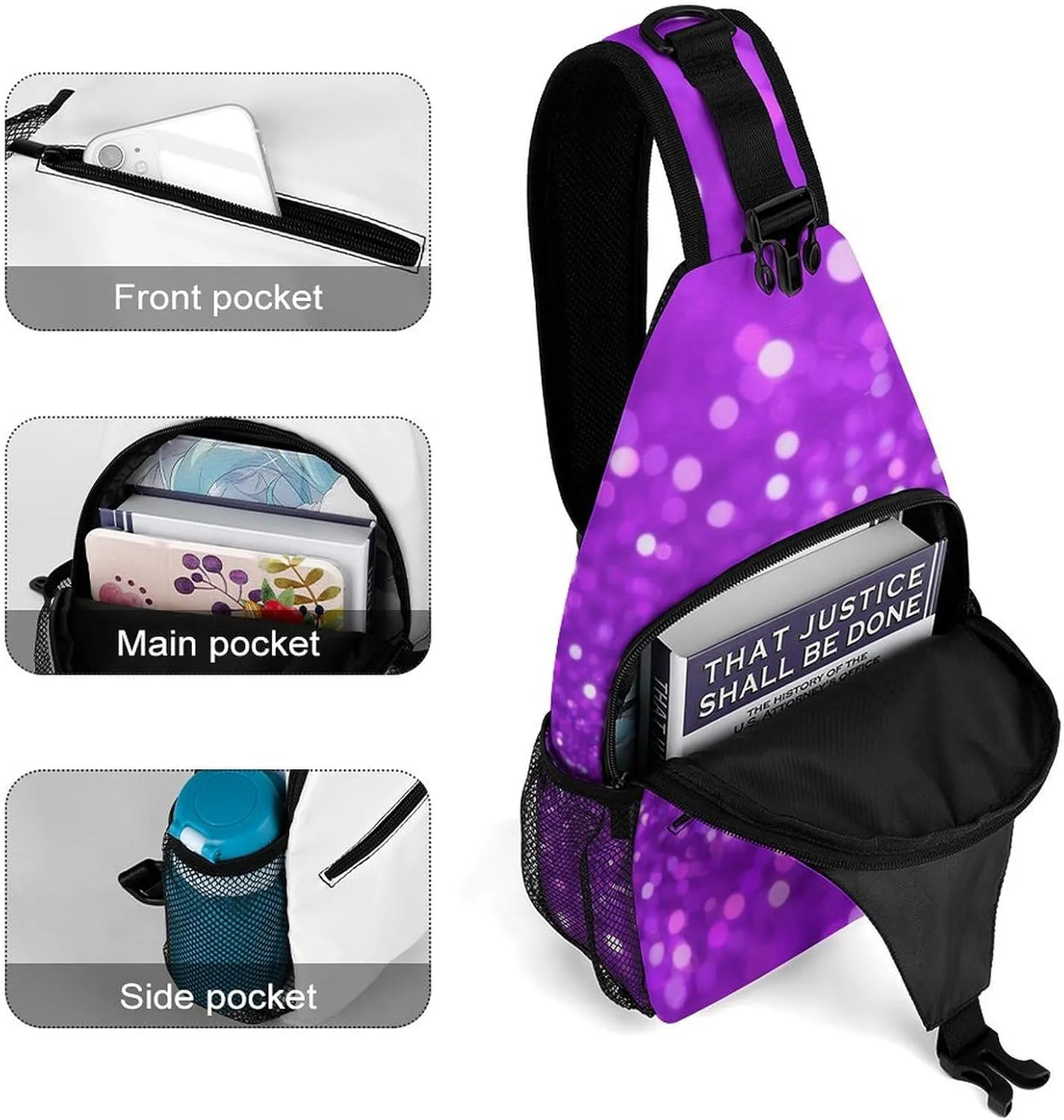 Supdreamc Sling Bag Backpack for Men Women Anti-Theft Multipurpose Casual Carrying Tote Case Crossbody Travel Messenger Bag, Bling Purple Glitter Art Crossbody Sling Backpack
