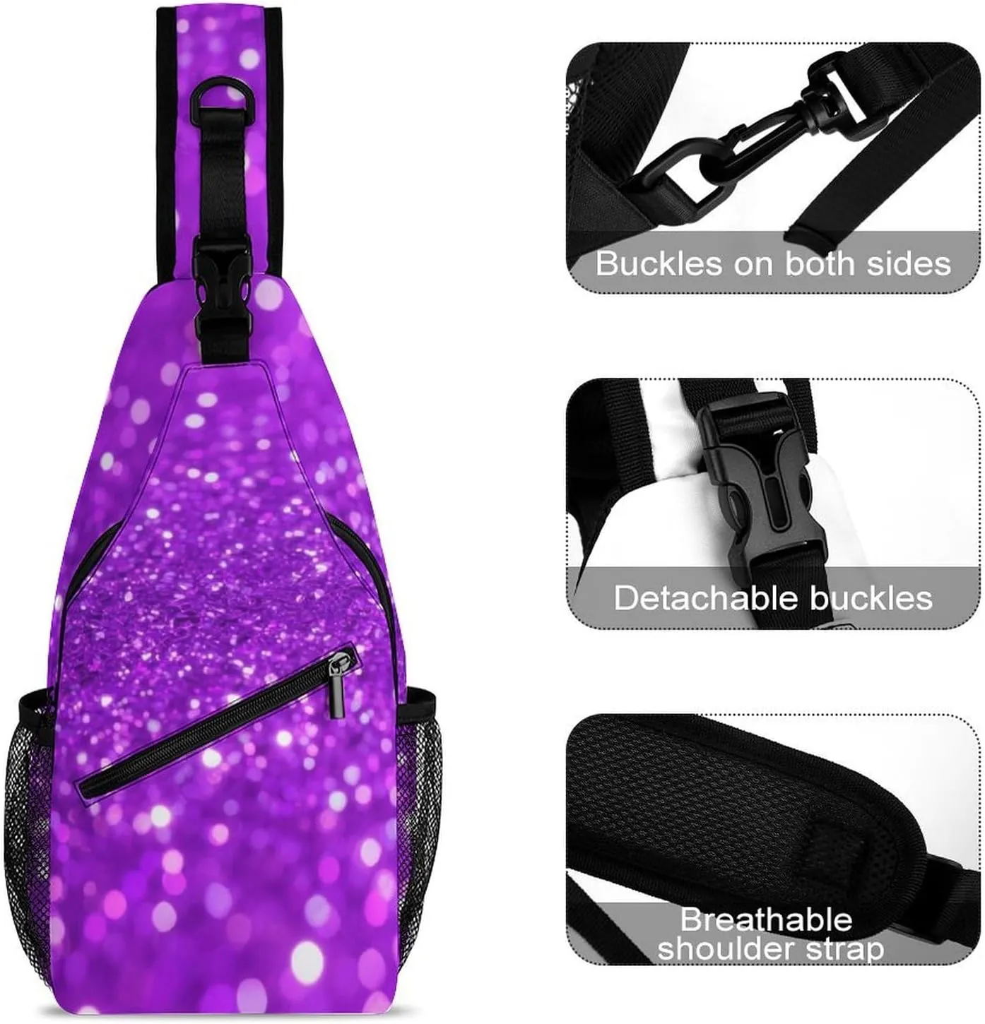Supdreamc Sling Bag Backpack for Men Women Anti-Theft Multipurpose Casual Carrying Tote Case Crossbody Travel Messenger Bag, Bling Purple Glitter Art Crossbody Sling Backpack