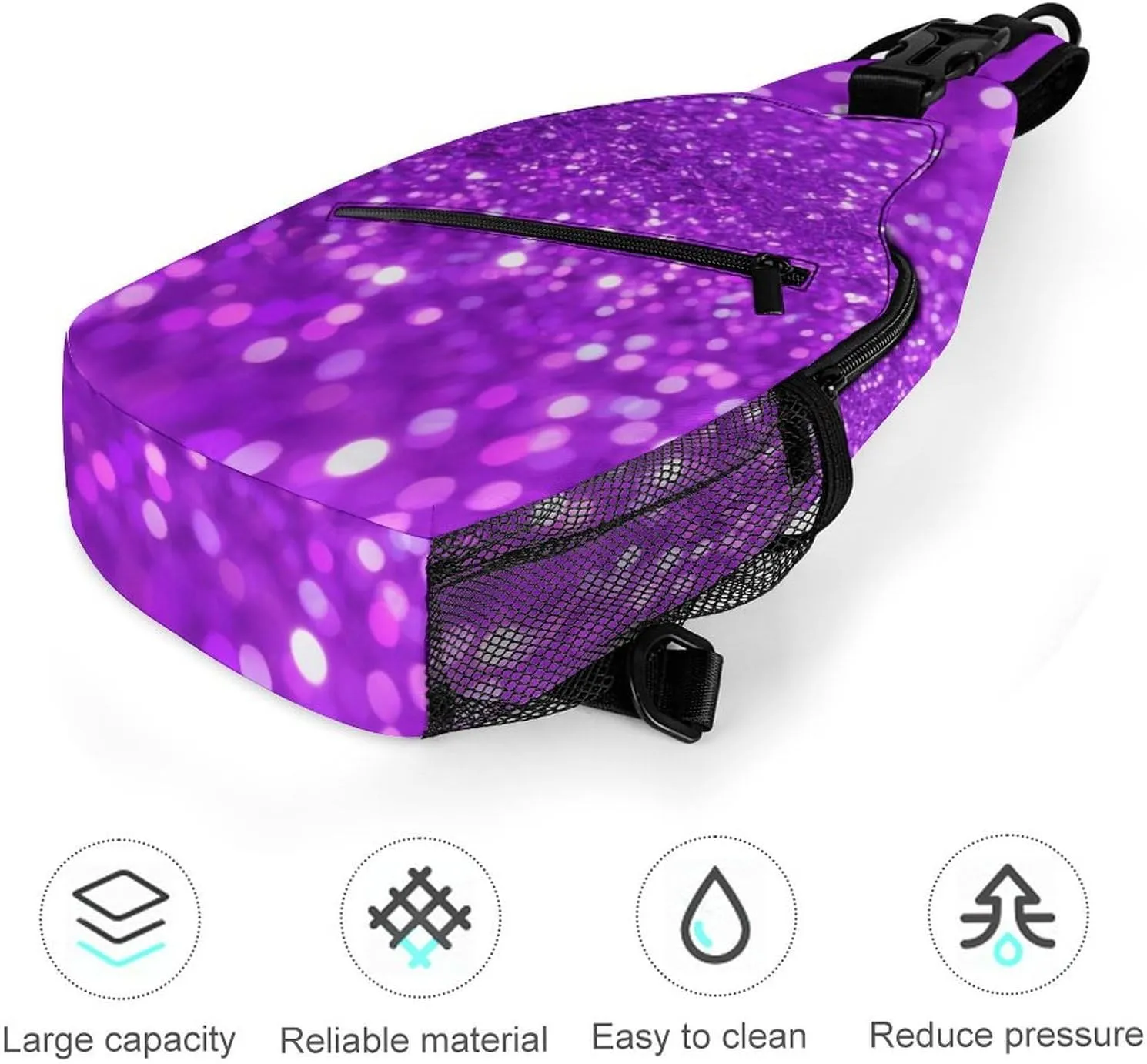 Supdreamc Sling Bag Backpack for Men Women Anti-Theft Multipurpose Casual Carrying Tote Case Crossbody Travel Messenger Bag, Bling Purple Glitter Art Crossbody Sling Backpack