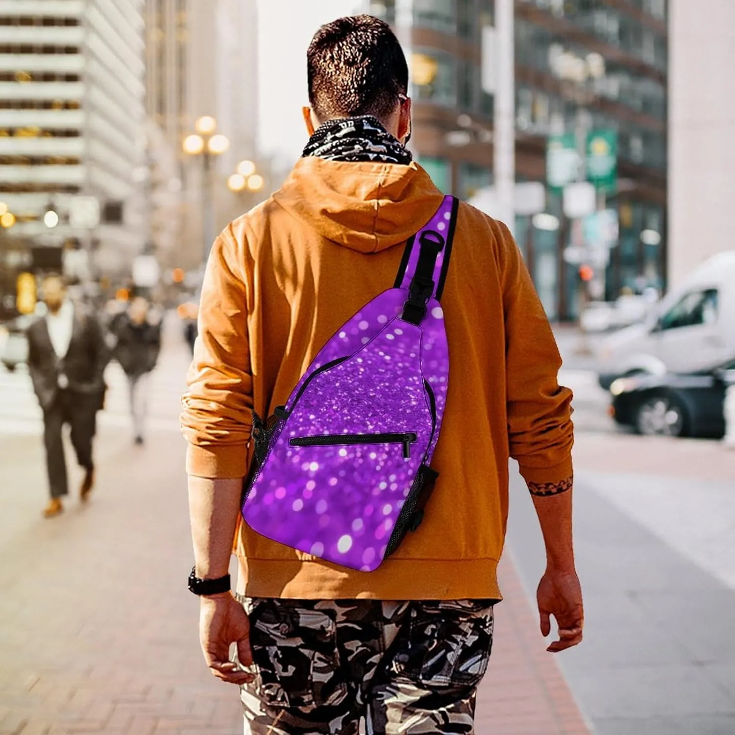 Supdreamc Sling Bag Backpack for Men Women Anti-Theft Multipurpose Casual Carrying Tote Case Crossbody Travel Messenger Bag, Bling Purple Glitter Art Crossbody Sling Backpack