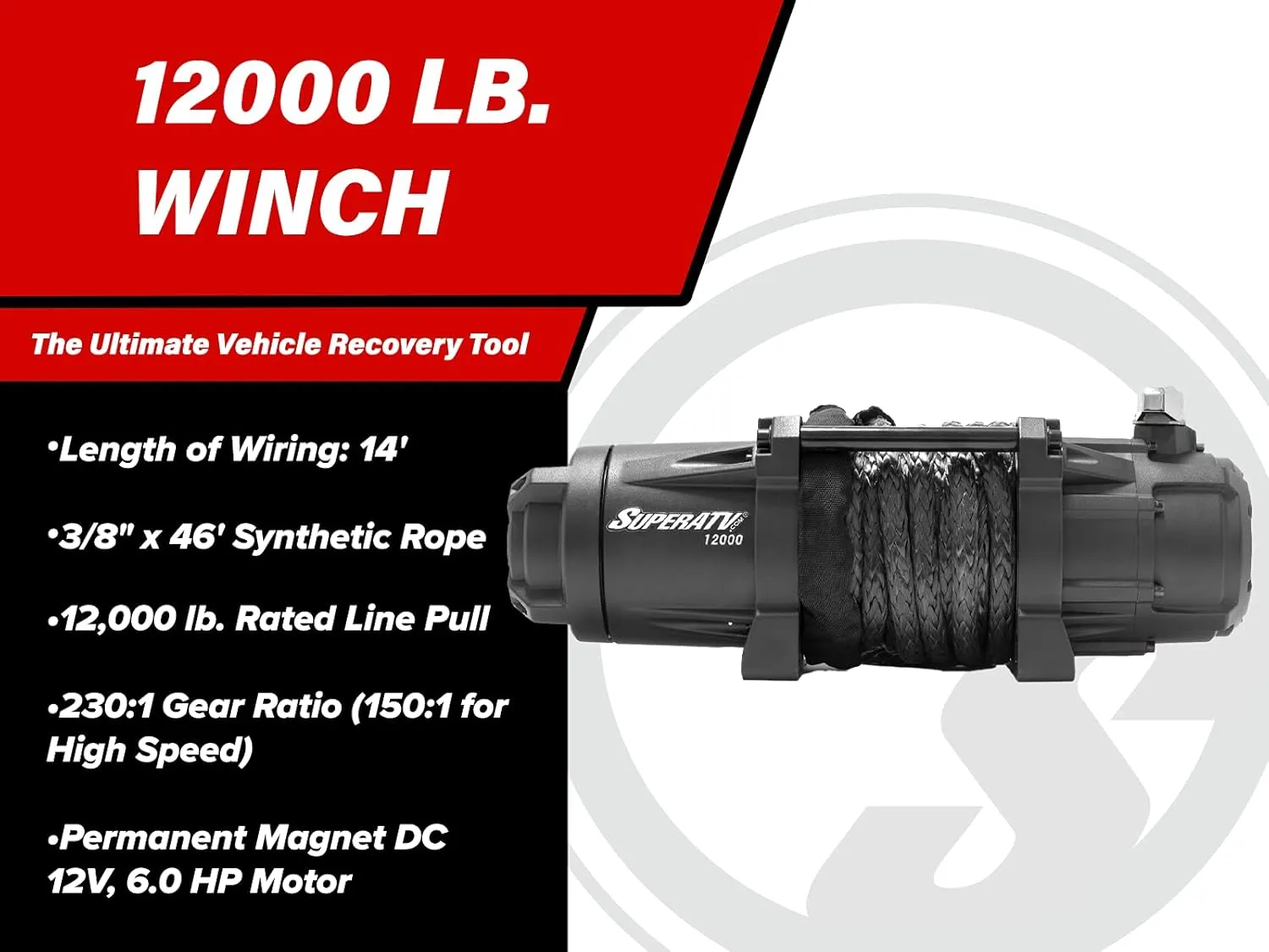 SuperATV 12,000 lb Black Ops Winch with Wireless Remote and Synthetic Rope for UTVs/Jeeps/SUVs | Permanent Magnet DC 12V, 6.0 HP Motor | 14' Length Wiring | 230:1 Gear Ratio