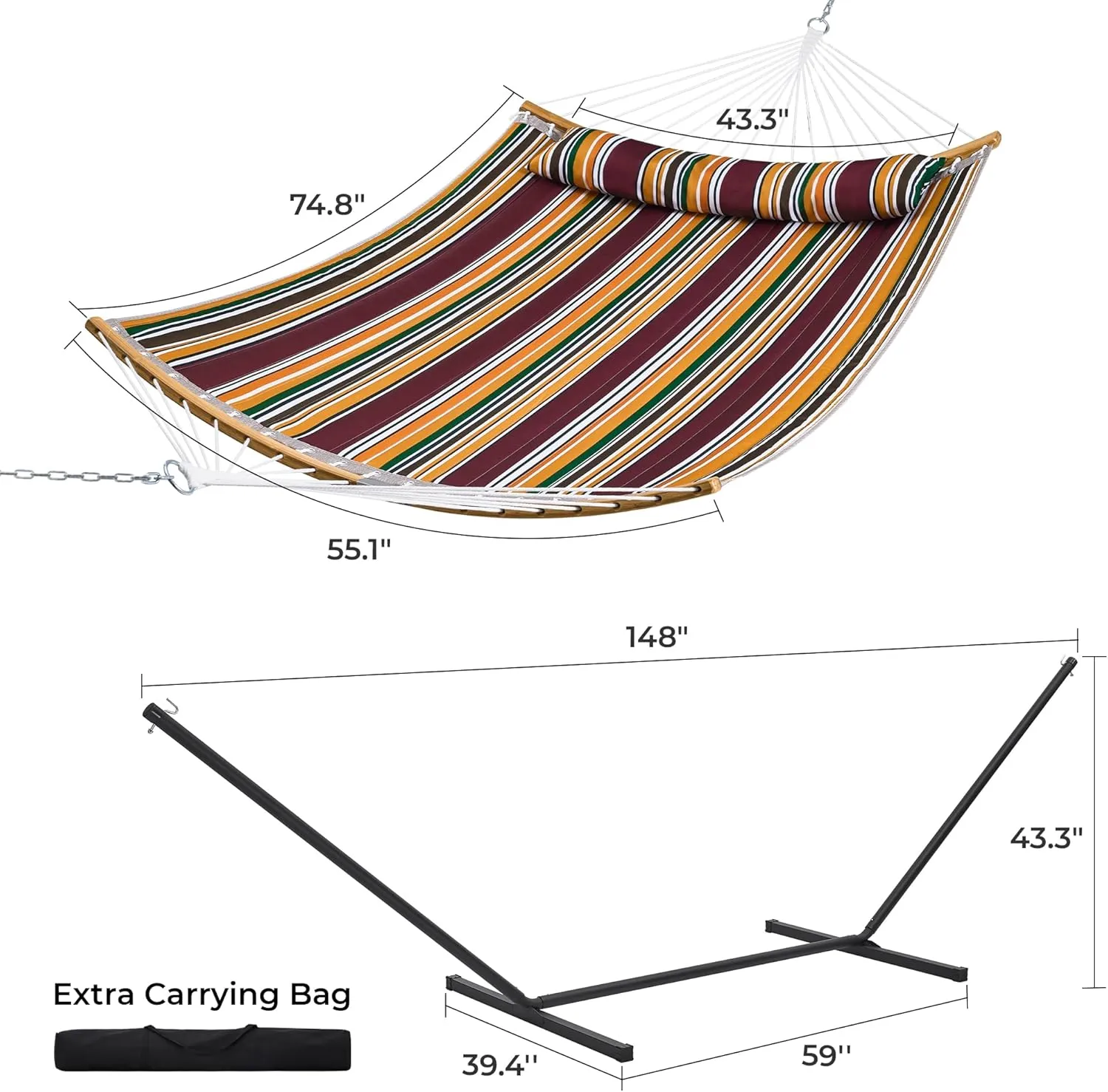 SUPERJARE Hammock with Stand, 2 Person Heavy Duty Hammock Frame, Detachable Pillow & Strong Curved-Bar & Portable Carrying Bag, Perfect for Outdoor & Indoor - Maple-Leaf Red
