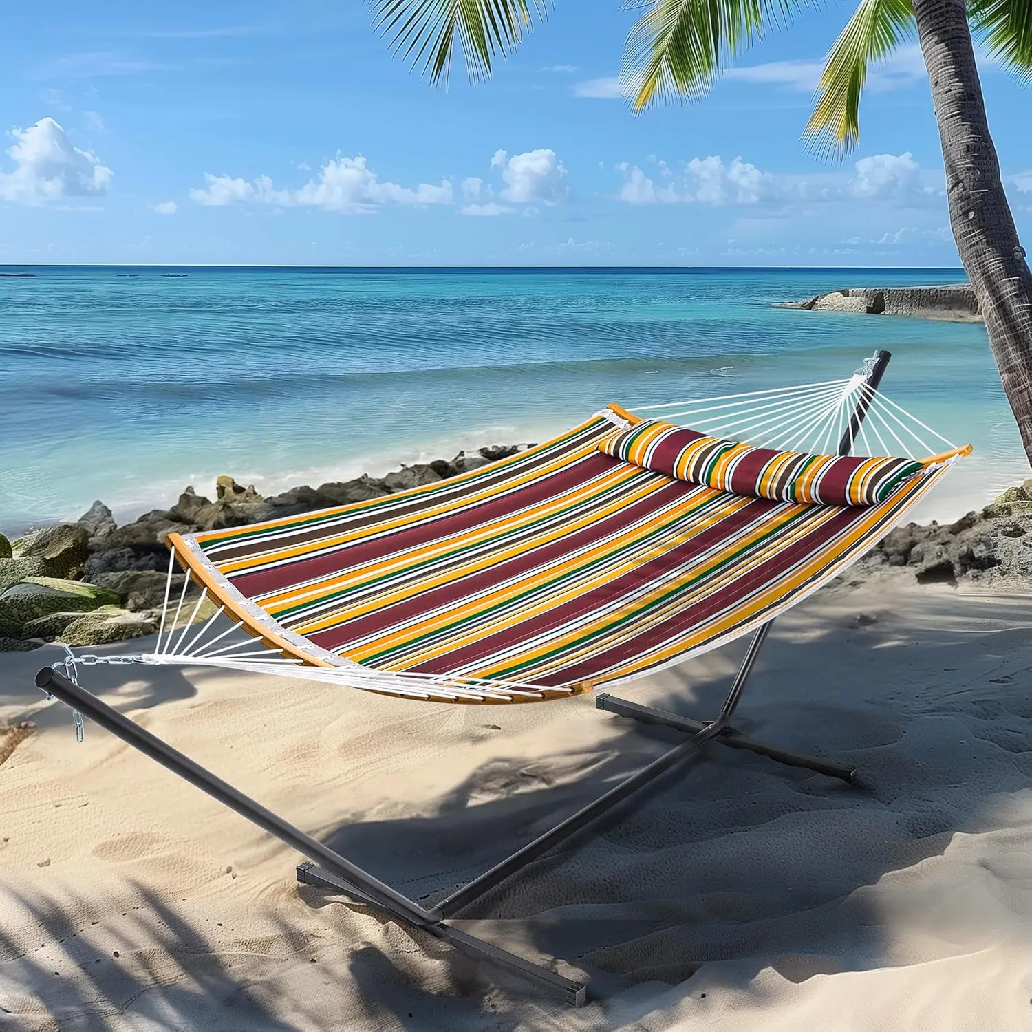 SUPERJARE Hammock with Stand, 2 Person Heavy Duty Hammock Frame, Detachable Pillow & Strong Curved-Bar & Portable Carrying Bag, Perfect for Outdoor & Indoor - Maple-Leaf Red