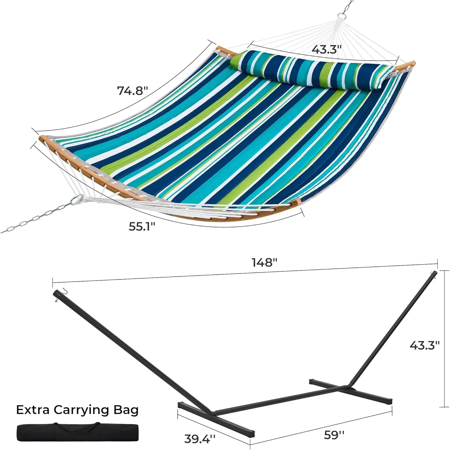 SUPERJARE Hammock with Stand, 2 Person Heavy Duty Hammock with Padded Cotton, Detachable Pillow & Strong Curved-Bar & Portable Carrying Bag, Perfect for Outdoor & Indoor - Dark Cyan