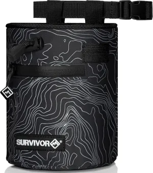 SURVIVOR Chalk Bag - Iconic Topographical Map, Draw String Closure, 2 Zippered Pockets, & Brush Holder - Chalk Bag for Rock Climbing, Bouldering, Weightlifting, Gymnastics & More