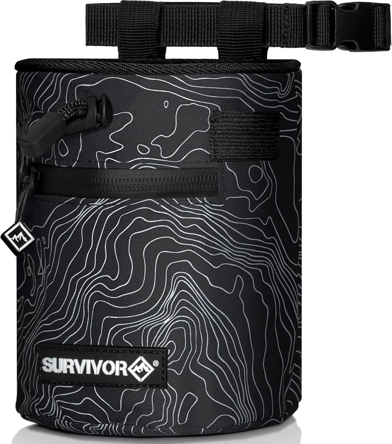 SURVIVOR Chalk Bag - Iconic Topographical Map, Draw String Closure, 2 Zippered Pockets, & Brush Holder - Chalk Bag for Rock Climbing, Bouldering, Weightlifting, Gymnastics & More