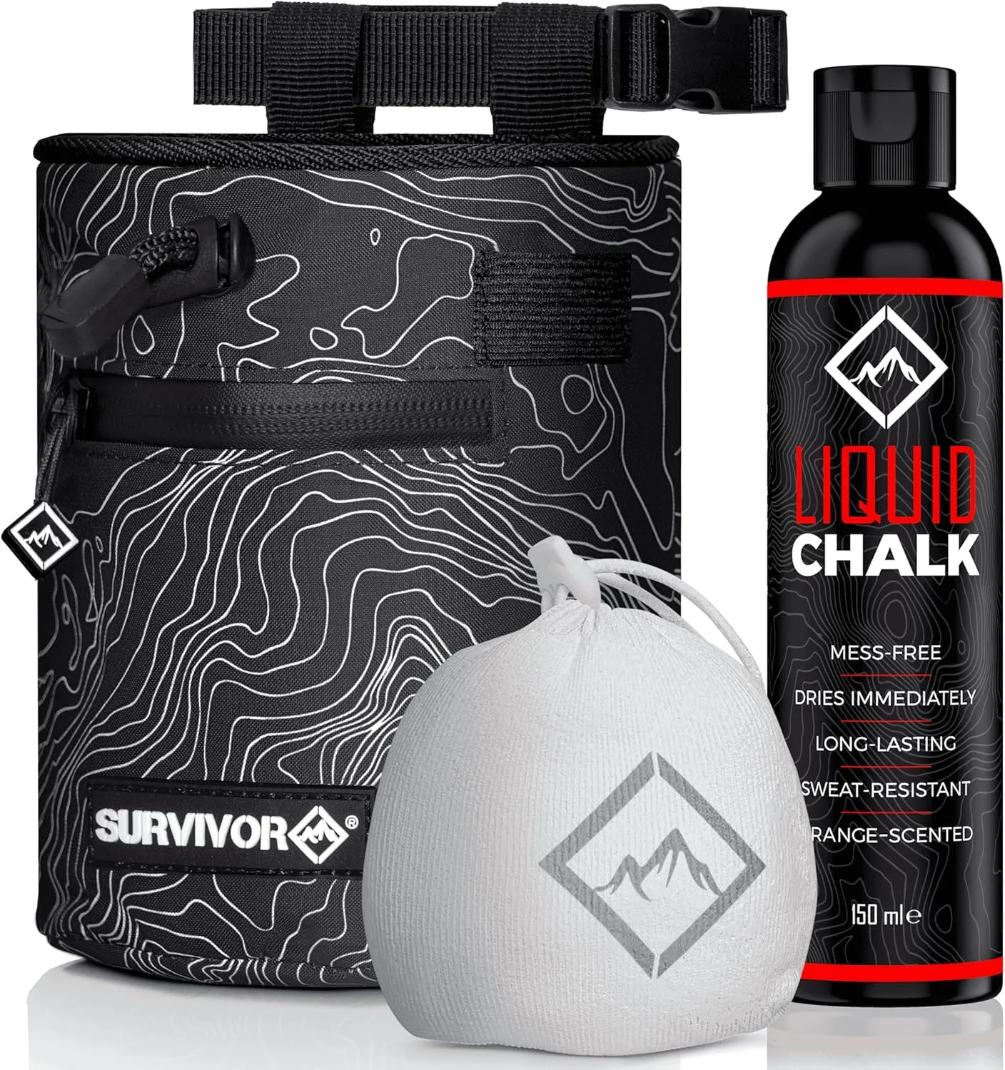SURVIVOR Chalk Bag   Refillable Chalk Ball   150ML Liquid Chalk Bundle