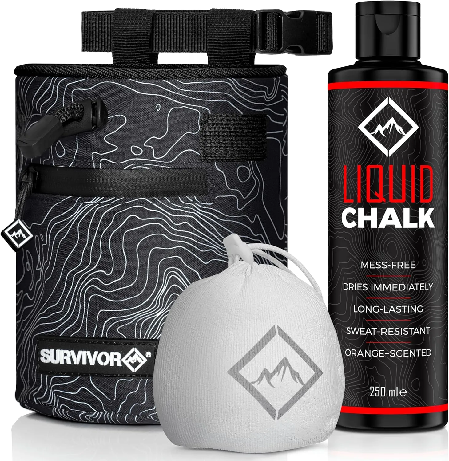 SURVIVOR Chalk Bag   Refillable Chalk Ball   250ML Liquid Chalk Bundle