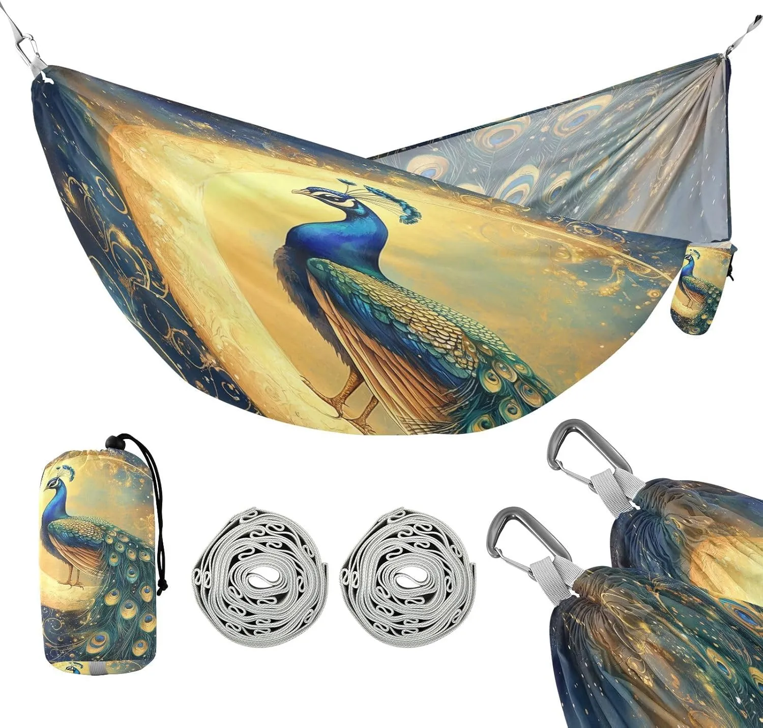 susiyo Portable Camping Hammock Beautiful Peacock Printed Lightweight Hammock Comfortable Travel Swing with Tree Straps for Camping Hiking Backpacking Travel or Beach - Up to 330lbs