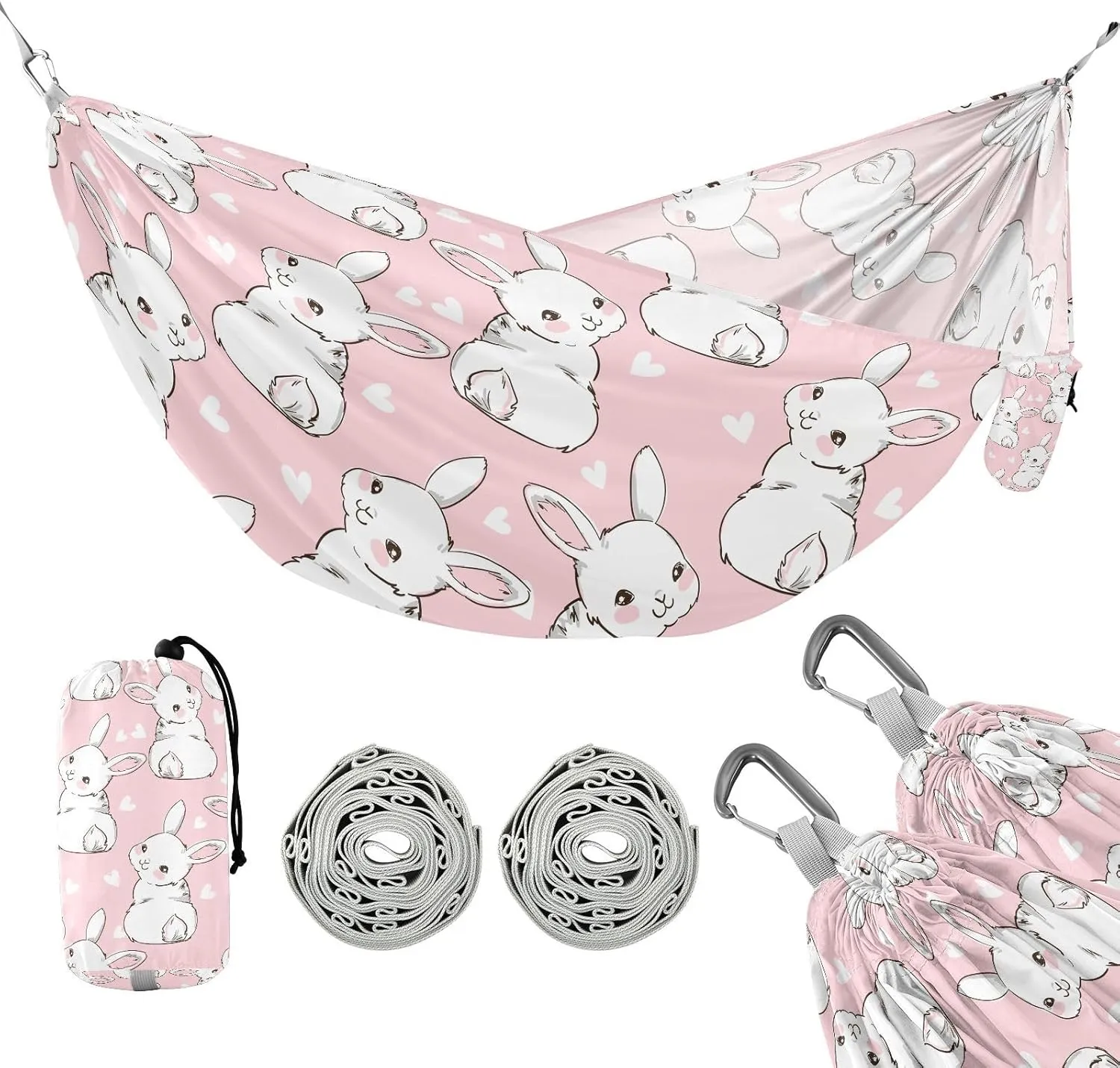 susiyo Portable Camping Hammock Cute Bunny Rabbit Printed Lightweight Hammock Comfortable Travel Swing with Tree Straps for Camping Hiking Backpacking Travel or Beach - Up to 330lbs