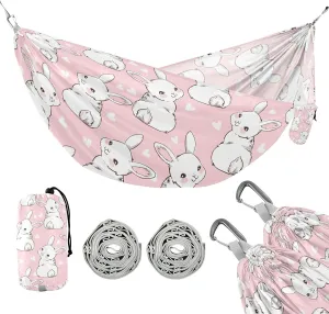 susiyo Portable Camping Hammock Cute Bunny Rabbit Printed Lightweight Hammock Comfortable Travel Swing with Tree Straps for Camping Hiking Backpacking Travel or Beach - Up to 330lbs