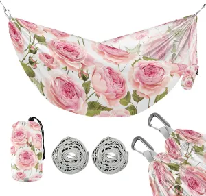 susiyo Portable Camping Hammock Pink Rose Printed Lightweight Hammock Comfortable Travel Swing with Tree Straps for Camping Hiking Backpacking Travel or Beach - Up to 330lbs