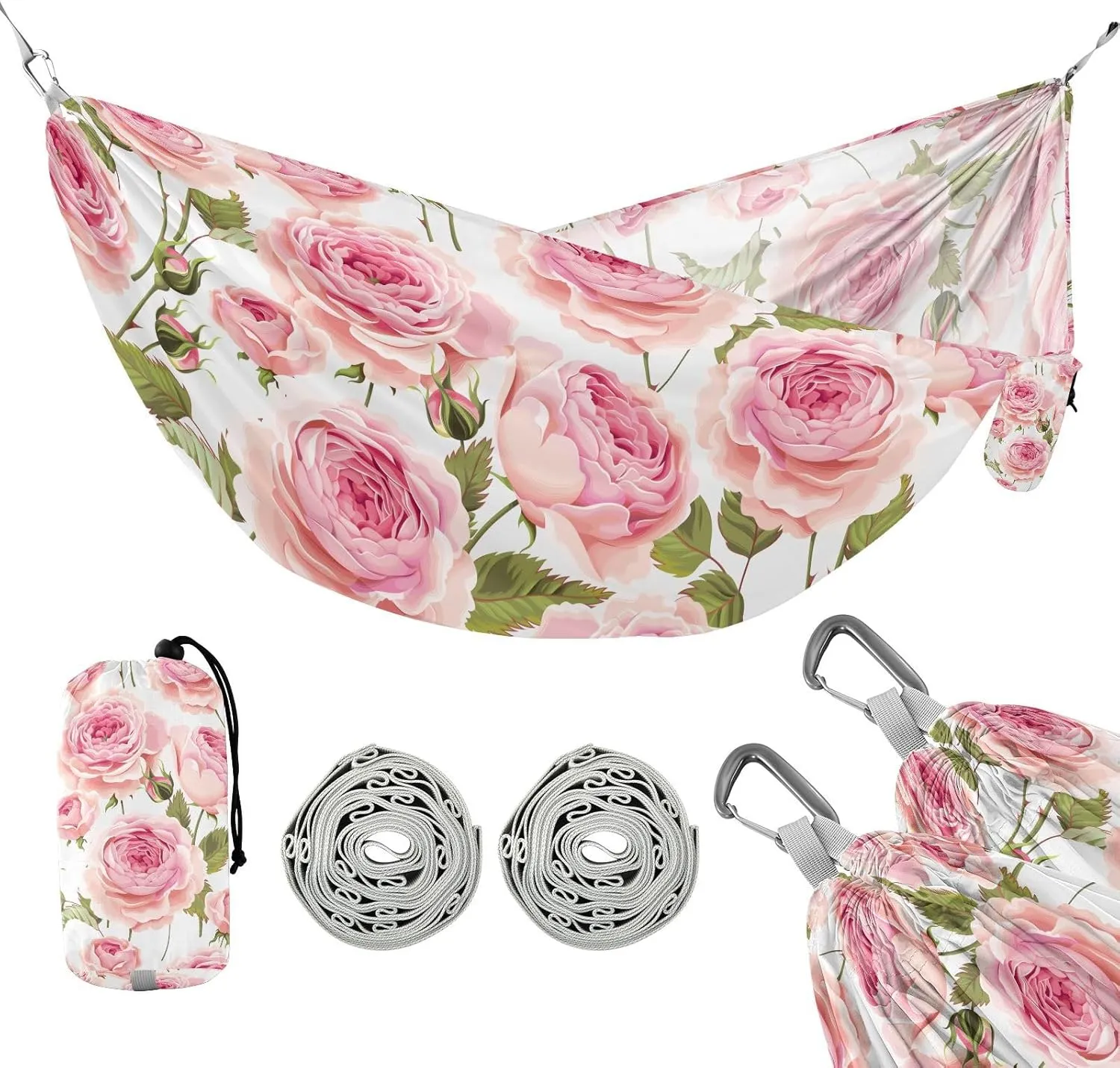 susiyo Portable Camping Hammock Pink Rose Printed Lightweight Hammock Comfortable Travel Swing with Tree Straps for Camping Hiking Backpacking Travel or Beach - Up to 330lbs