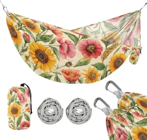 susiyo Portable Camping Hammock Watercolor Sunflowers Poppies Printed Lightweight Hammock Comfortable Travel Swing with Tree Straps for Camping Hiking Backpacking Travel or Beach - Up to 330lbs