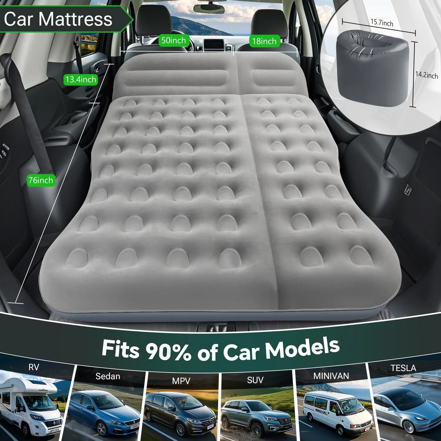 SUV Air Mattress， Thickened Flocked Camping Bed for Car Trunk & Back Seat ， Includes Electric Pump & 2 Foot Pedals ， Portable Inflatable car Mattress (Gray)