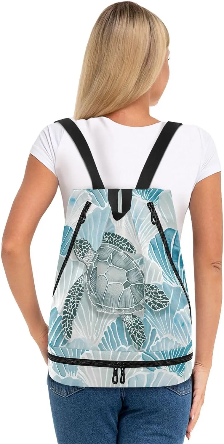 Swim Bag Gym Bag for Women Men, Sea Turtle Turquoise Shell Beach Backpack for Swimming Gym