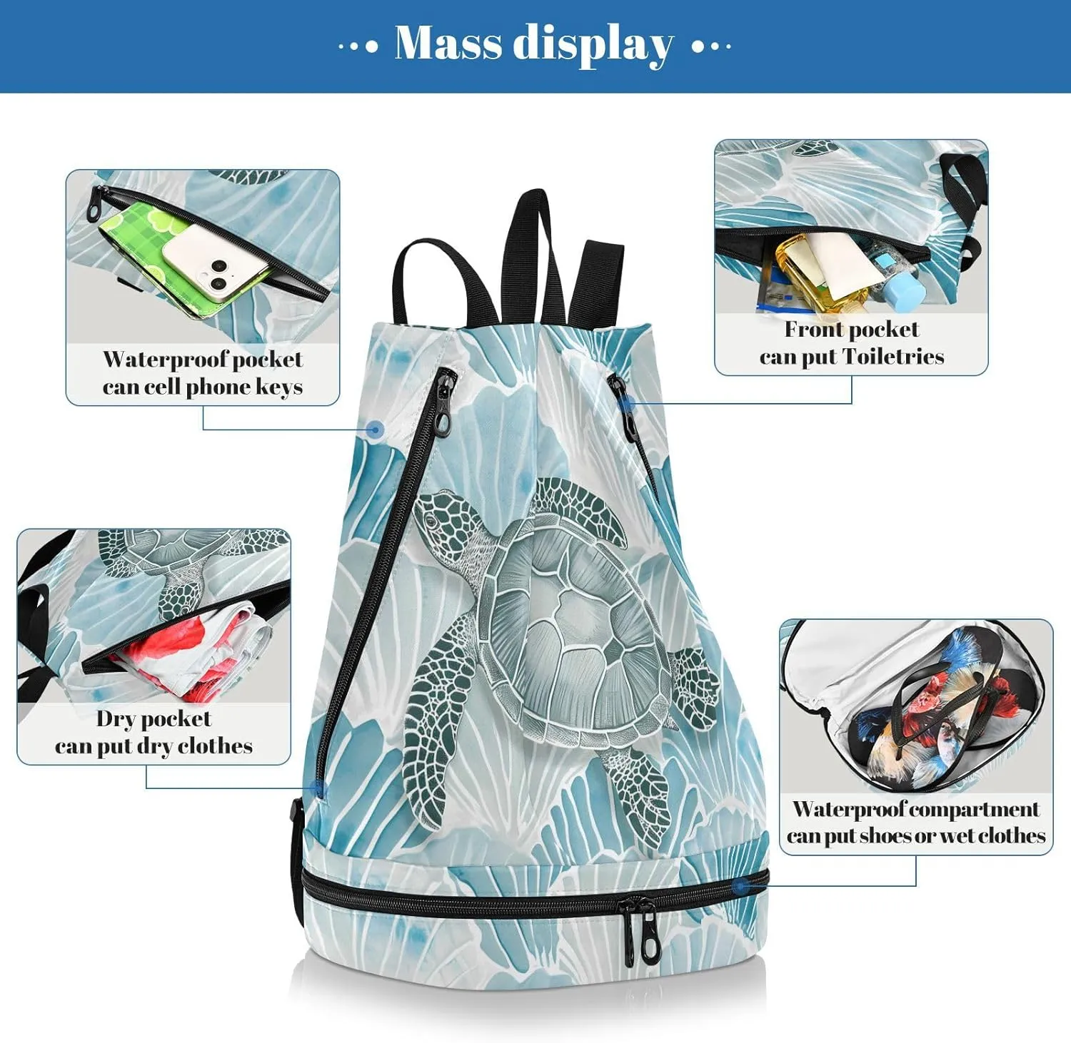 Swim Bag Gym Bag for Women Men, Sea Turtle Turquoise Shell Beach Backpack for Swimming Gym
