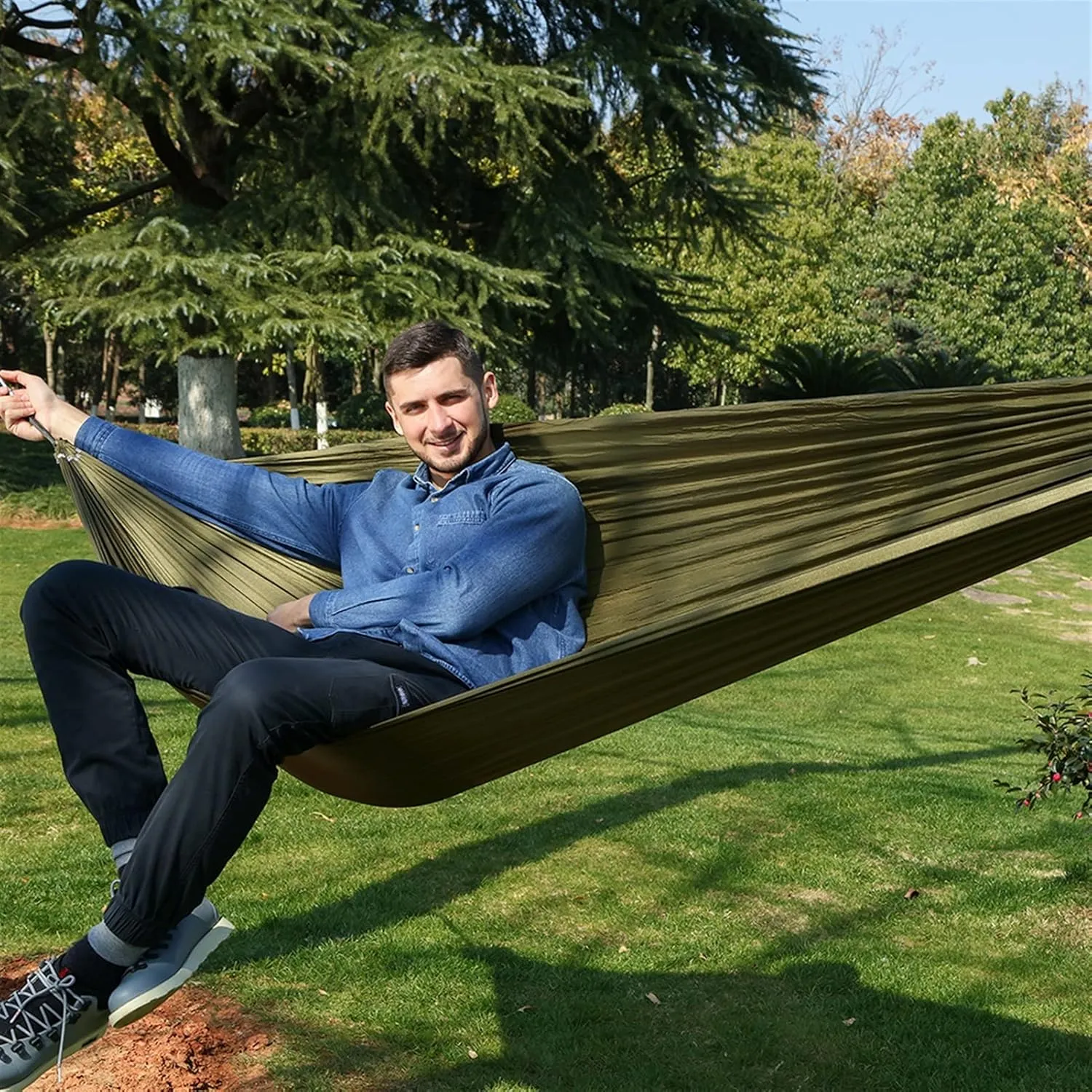 Swing Set Camping Hammock, Nylon Hammock, Portable Lightweight Parachute Hammock with Tree Straps for Backpacking Camping Travel Beach Garden Outdoor Camping Gear Swing Seat (Color : Black)