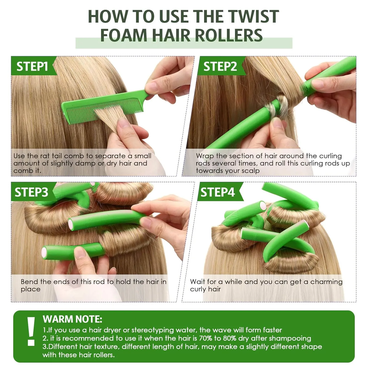 Syhood 30 Pcs Flexible Curling Rods 9.45 Twist Foam Rollers Soft Foam No Heat Hair Rods Rollers and 1 Steel Pintail Comb Rat Tail Comb for Women Long Short Hair(Green,9.45 x 0.79 Inch)